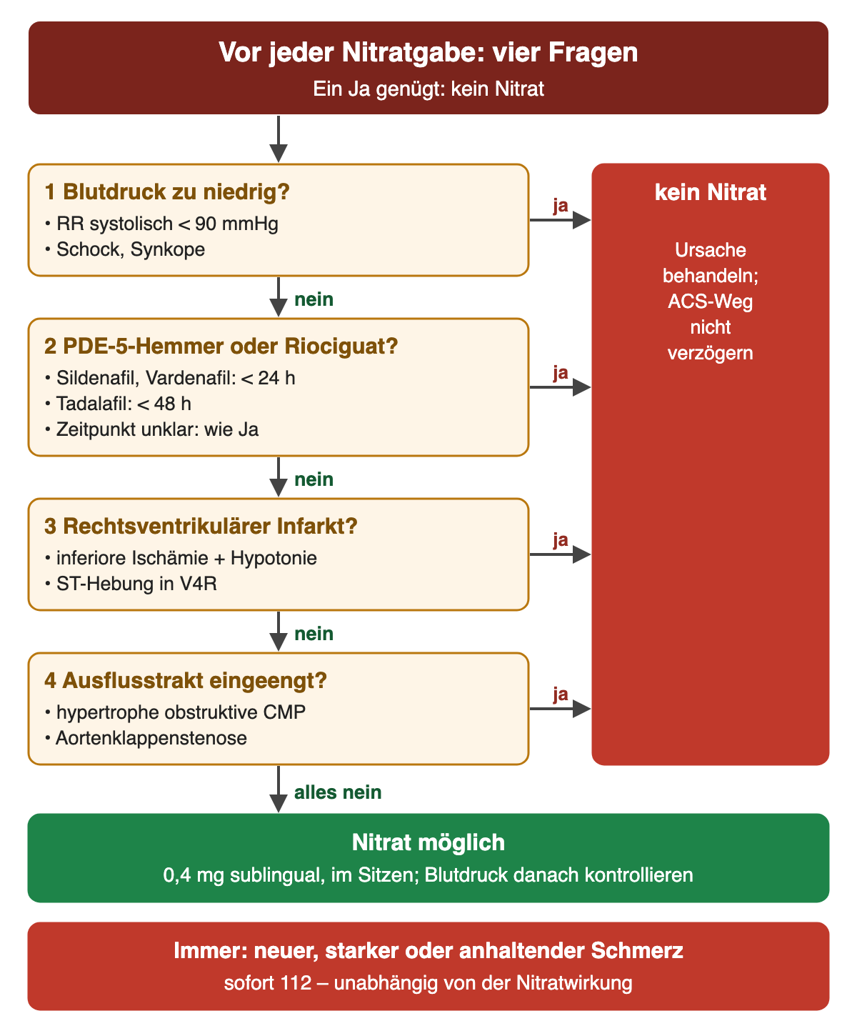 Flussdiagramm vor jeder Nitratgabe mit vier Fragen, ein Ja genügt für kein Nitrat: 1 Blutdruck zu niedrig, systolisch unter 90 mmHg, Schock oder Synkope; 2 PDE-5-Hemmer oder Riociguat, Sildenafil oder Vardenafil vor weniger als 24 Stunden, Tadalafil vor weniger als 48 Stunden, unklarer Zeitpunkt wie Ja; 3 rechtsventrikulärer Infarkt mit inferiorer Ischämie und Hypotonie oder ST-Hebung in V4R; 4 Ausflusstrakt eingeengt bei hypertropher obstruktiver Kardiomyopathie oder Aortenklappenstenose. Jedes Ja führt zu kein Nitrat, Ursache behandeln, ACS-Weg nicht verzögern. Alles nein: Nitrat möglich, 0,4 mg sublingual im Sitzen, danach Blutdruck kontrollieren. Unten immer: neuer, starker oder anhaltender Schmerz sofort 112