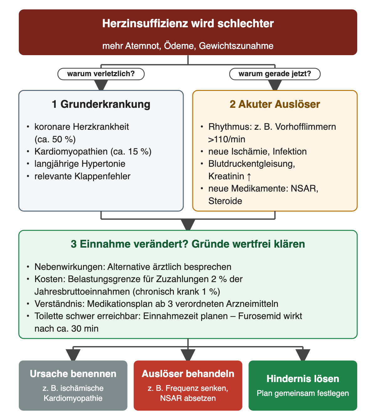 Ablauf in drei Schritten: Grunderkrankung (koronare Herzkrankheit ca. 50 %, Kardiomyopathien ca. 15 %, Hypertonie, Klappenfehler) und akuter Auslöser (Vorhofflimmern über 110/min, Ischämie, Infektion, Blutdruckentgleisung, Kreatininanstieg, NSAR, Steroide) werden getrennt gesucht; danach werden Einnahmehindernisse geklärt: Nebenwirkungen, Zuzahlungsgrenze 2 beziehungsweise 1 %, Medikationsplan ab drei Arzneimitteln, Einnahmezeit des Furosemids. Ergebnisreihe: Ursache benennen, Auslöser behandeln, Hindernis lösen.
