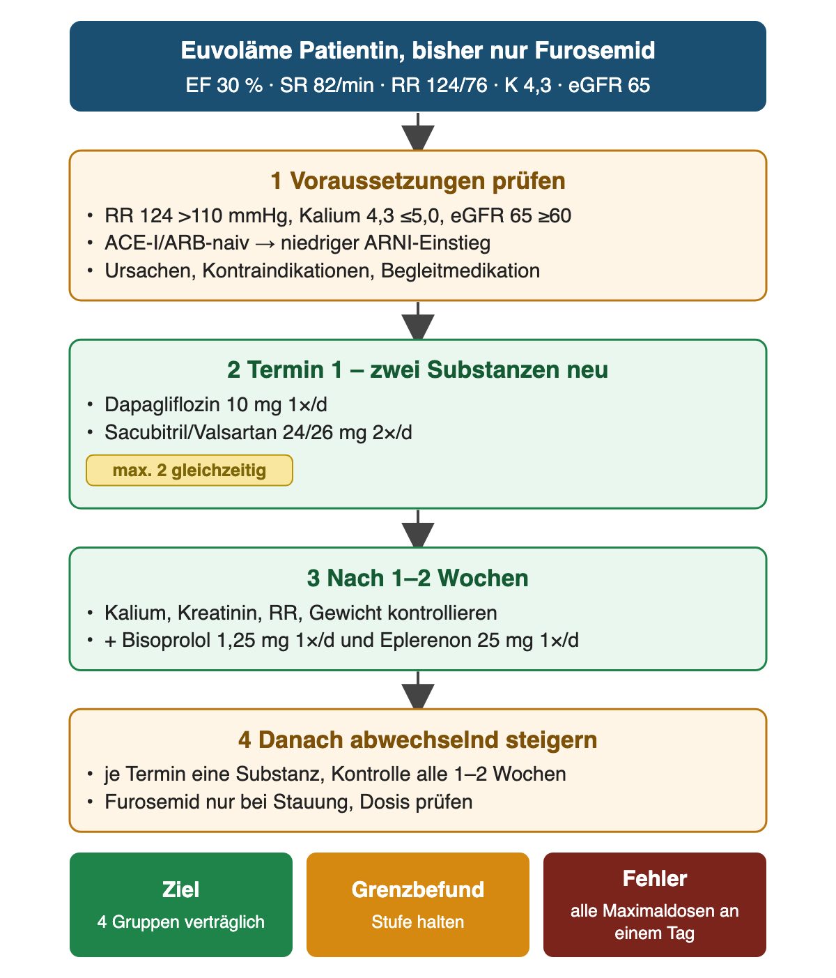Von oben nach unten: euvoläme Patientin mit EF 30 Prozent, Sinusrhythmus 82 pro Minute, Blutdruck 124/76, Kalium 4,3 und eGFR 65; Voraussetzungen prüfen; Termin 1 mit Dapagliflozin und Sacubitril/Valsartan 24/26 mg; nach 1–2 Wochen Labor sowie Bisoprolol 1,25 mg und Eplerenon 25 mg; danach abwechselnd steigern; unten Ziel, Grenzbefund und Fehler.