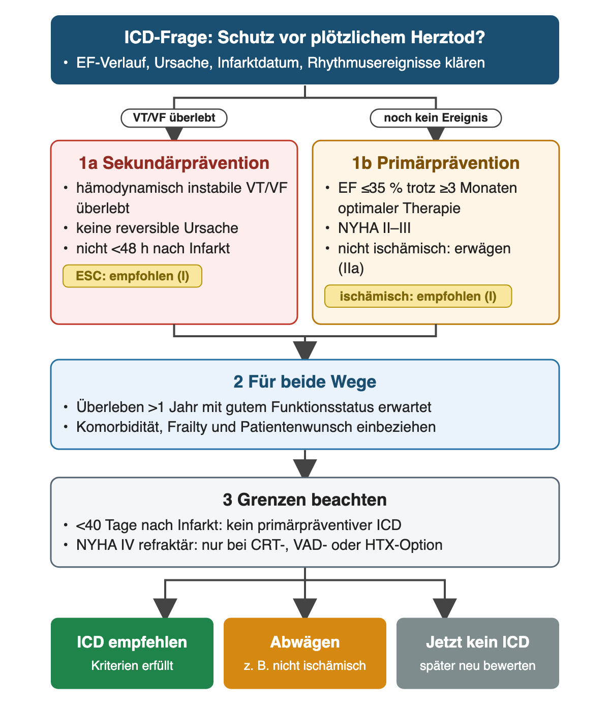 Entscheidungsweg zur ICD-Indikation. Nach überlebter VT oder VF führt der Weg zur Sekundärprävention: hämodynamisch instabile Arrhythmie, keine reversible Ursache, nicht innerhalb von 48 Stunden nach Infarkt; nach ESC empfohlen. Ohne Ereignis führt der Weg zur Primärprävention: EF ≤35 % trotz mindestens drei Monaten optimaler Therapie und NYHA II–III; bei ischämischer Ursache empfohlen, bei nicht ischämischer Ursache zu erwägen. Für beide Wege gilt ein erwartetes Überleben über ein Jahr mit gutem Funktionsstatus. Grenzen: kein primärpräventiver ICD in den ersten 40 Tagen nach Infarkt, bei therapierefraktärer NYHA IV nur bei CRT-, VAD- oder Transplantationsoption. Ergebniszeile: ICD empfehlen, abwägen oder jetzt kein ICD.