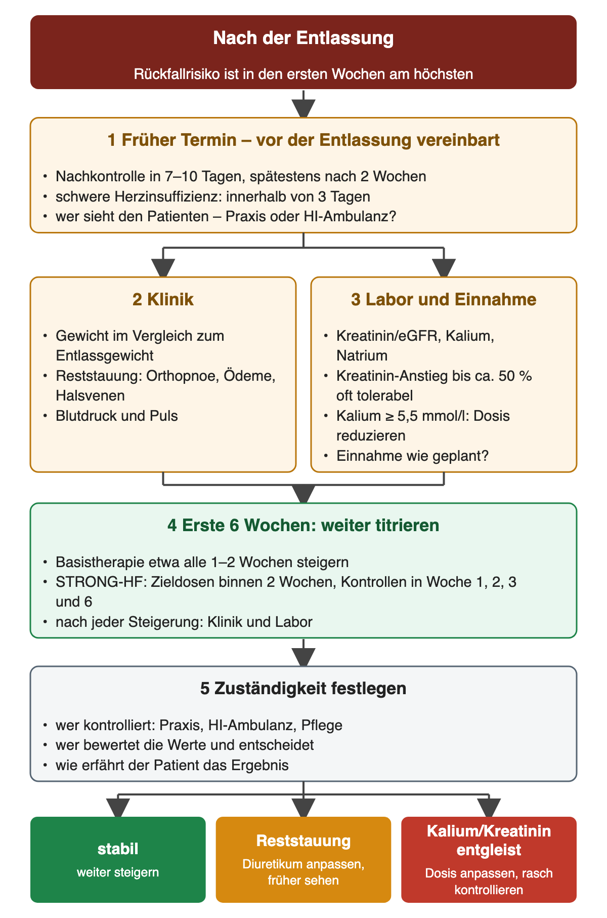 Nachsorge in fünf Schritten: Nachkontrolle in 7 bis 10 Tagen, bei schwerer Herzinsuffizienz innerhalb von 3 Tagen; Klinik mit Gewicht, Reststauung, Blutdruck und Puls; Labor mit Kreatinin, Kalium und Natrium, Kreatinin-Anstieg bis etwa 50 Prozent oft tolerabel, Kalium ab 5,5 mmol/l Dosis reduzieren; in den ersten sechs Wochen alle 1 bis 2 Wochen titrieren, in STRONG-HF Kontrollen in Woche 1, 2, 3 und 6; Zuständigkeiten festlegen. Ergebnisreihe: stabil weiter steigern, Reststauung Diuretikum anpassen, Laborentgleisung Dosis anpassen.