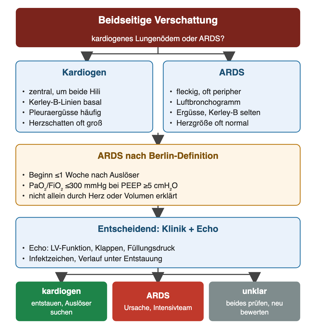 Oben beidseitige Verschattung; links typische Zeichen des kardiogenen Lungenödems (zentral um die Hili, Kerley-B-Linien, Pleuraergüsse, großer Herzschatten), rechts des ARDS (fleckig peripher, Luftbronchogramm, selten Ergüsse, normale Herzgröße); darunter Berlin-Kriterien und die Entscheidung durch Klinik und Echo; unten drei Ergebnisfelder.