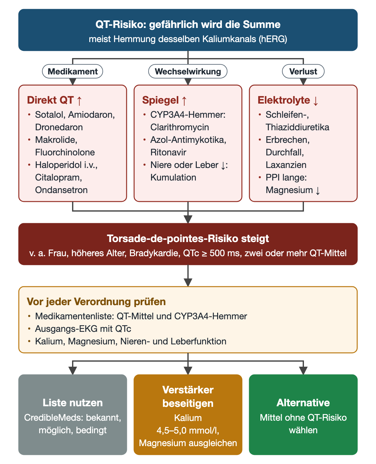 Diagramm QT-Risiko: drei Äste direkte QT-Verlängerung, Spiegelanstieg durch CYP3A4-Hemmer und Elektrolytverlust mit Beispielen, die in steigendes Torsade-de-pointes-Risiko münden; darunter die Prüfung vor der Verordnung und drei Ergebnisse: Liste nutzen, Verstärker beseitigen mit Kalium 4,5 bis 5,0 mmol/l, Alternative wählen