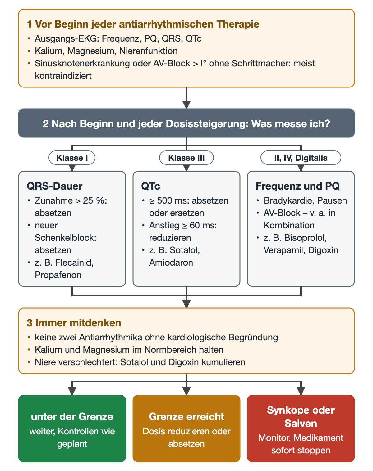 Flussdiagramm EKG-Kontrolle unter Antiarrhythmika: Schritt 1 Ausgangs-EKG und Labor, Schritt 2 drei Äste nach Klasse mit QRS-Dauer und Grenze 25 Prozent für Klasse I, QTc mit 500 Millisekunden und Anstieg 60 Millisekunden für Klasse III, Frequenz und PQ für Klasse II, IV und Digitalis; Schritt 3 allgemeine Regeln; unten drei farbige Ergebnisse