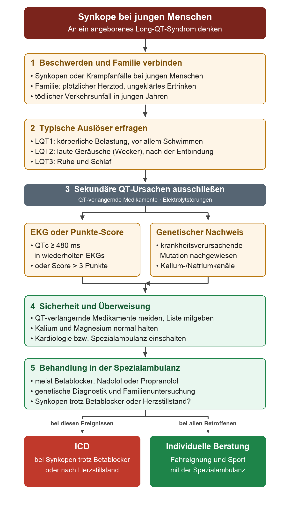 Von Synkopen oder Krampfanfällen bei jungen Menschen über Familienanamnese und typische Auslöser zum Ausschluss sekundärer QT-Ursachen; Diagnosebefunde sind wiederholte QTc ab 480 ms, LQTS-Score über 3 Punkte oder eine krankheitsverursachende Mutation. Anschließend QT-Medikamente meiden, Kalium und Magnesium normal halten und zur Spezialambulanz überweisen. Dort Betablocker und Familienuntersuchung; bei Synkopen trotz Betablocker oder nach Herzstillstand ICD, für alle individuelle Beratung zu Fahreignung und Sport.