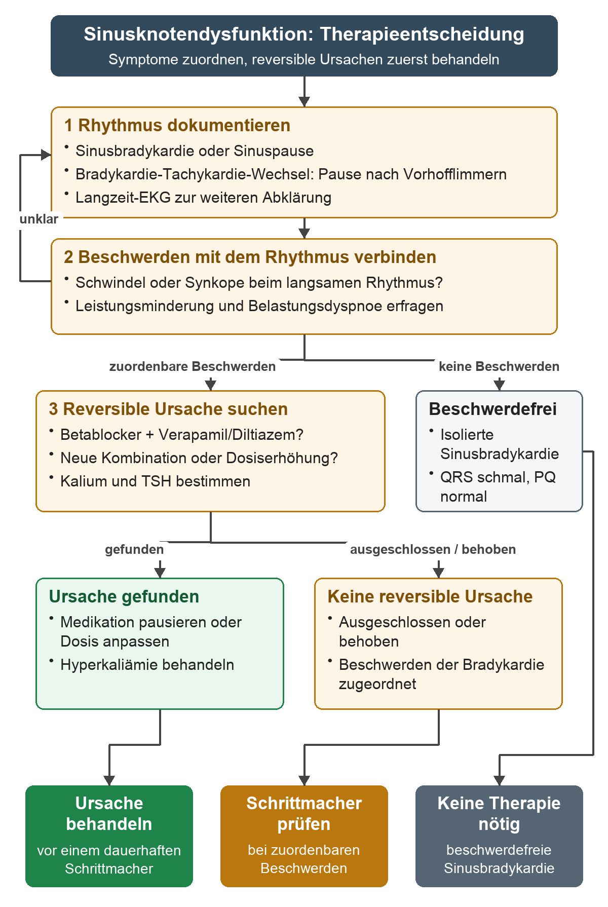 Therapieentscheidung bei Sinusknotendysfunktion: Rhythmus mit Langzeit-EKG dokumentieren und Beschwerden zuordnen, bei unklarem Zusammenhang erneut dokumentieren; reversible Ursachen behandeln, bei zuordenbaren Beschwerden ohne reversible Ursache einen Schrittmacher prüfen und bei isolierter beschwerdefreier Sinusbradykardie auf Therapie verzichten.