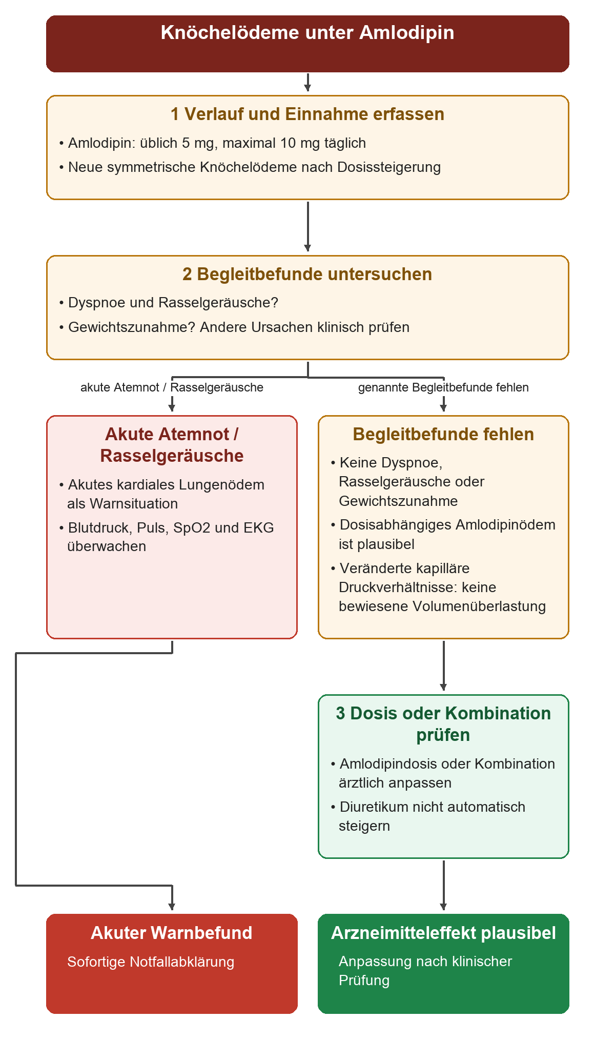 Nach Amlodipinbeginn oder Dosissteigerung werden Ödemverlauf, Dyspnoe, Rasselgeräusche und Gewichtszunahme geprüft. Akute Atemnot mit Rasselgeräuschen führt zur notfallmäßigen Beurteilung. Ohne diese Begleitbefunde ist ein Amlodipinödem plausibel; andere Ursachen werden klinisch geprüft. Dosis oder Kombination können angepasst werden, eine automatische Diuretikasteigerung ist nicht begründet.