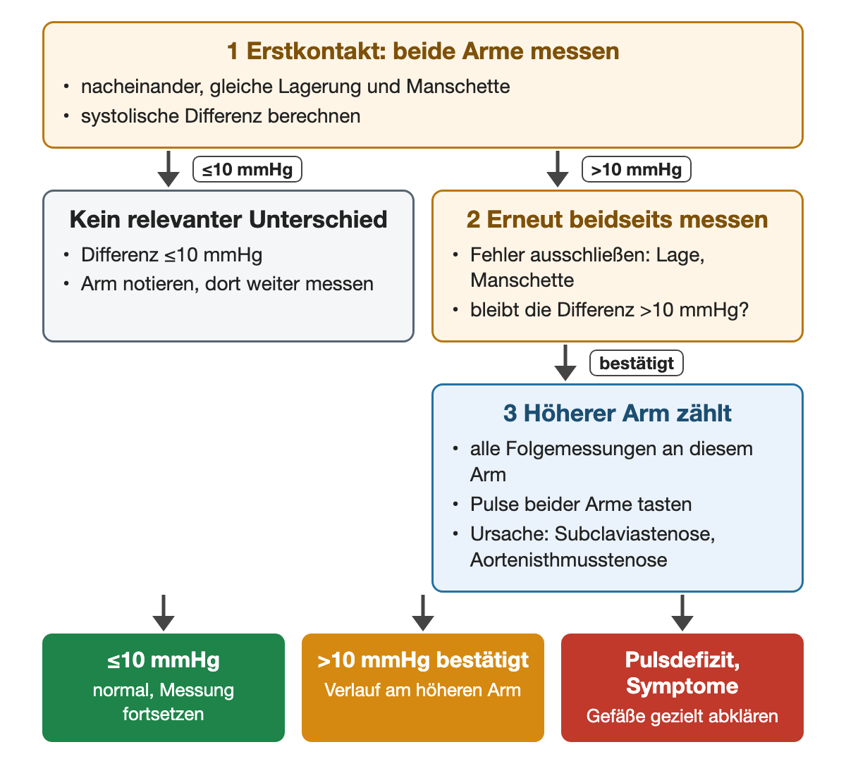 Beim Erstkontakt werden beide Arme gemessen. Bei einer systolischen Differenz bis 10 mmHg wird am notierten Arm weiter gemessen; über 10 mmHg wird beidseits wiederholt. Bestätigt sich die Differenz, zählt der Arm mit dem höheren Wert, die Pulse beider Arme werden getastet und an Subclaviastenose oder Aortenisthmusstenose gedacht. Ergebniszeile: normal, Verlauf am höheren Arm, gezielte Gefäßabklärung bei Pulsdefizit oder Symptomen.