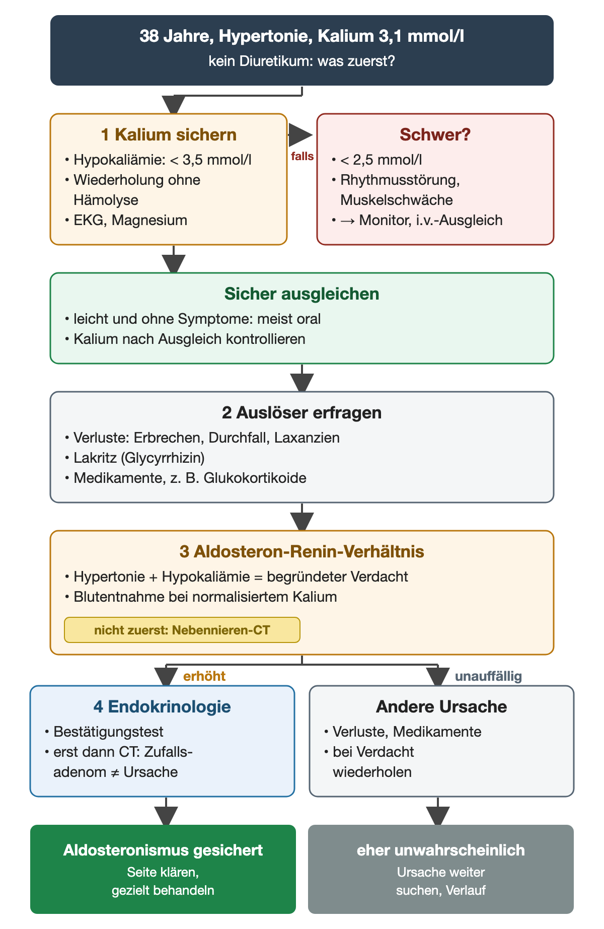 Fall mit 38 Jahren und Kalium 3,1 mmol/l: Schritt 1 Kalium sichern mit Schwelle unter 3,5 mmol/l, daneben roter Kasten für schwere Hypokaliämie unter 2,5 mmol/l; sicher ausgleichen; Schritt 2 Auslöser wie Verluste, Lakritz und Glukokortikoide; Schritt 3 Aldosteron-Renin-Verhältnis; bei erhöhtem Wert Endokrinologie und erst dann Nebennieren-CT; unten rot CT als erster Schritt, grün Labor vor Bild.