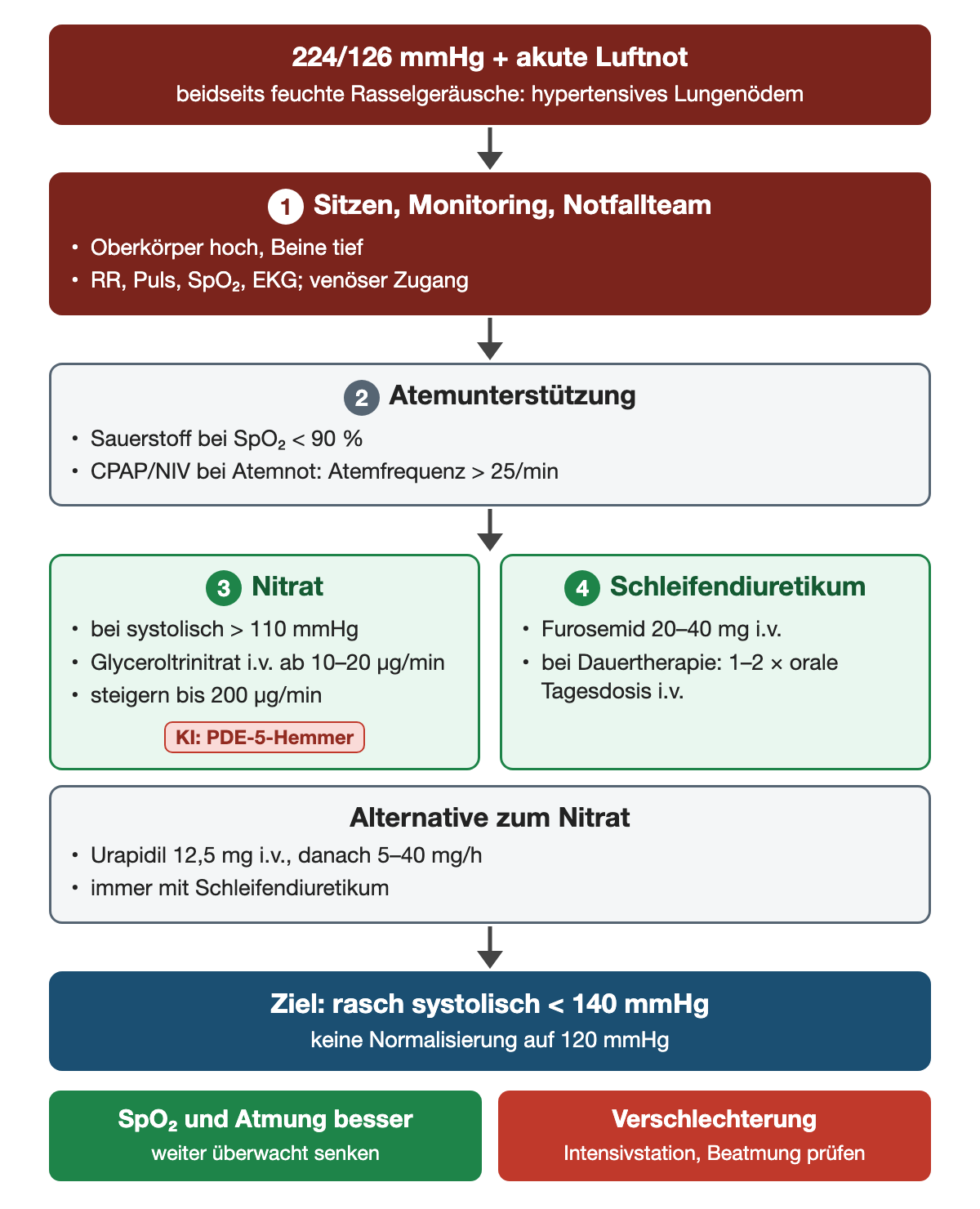 Ablauf beim hypertensiven Lungenödem mit 224/126 mmHg: sitzen, Monitoring und Notfallteam; Sauerstoff bei SpO2 unter 90 Prozent, CPAP oder NIV bei Atemfrequenz über 25 pro Minute; Glyceroltrinitrat i.v. ab 10 bis 20 Mikrogramm pro Minute bis 200 bei systolisch über 110, Kontraindikation PDE-5-Hemmer; Furosemid 20 bis 40 mg i.v.; Alternative Urapidil 12,5 mg i.v., danach 5 bis 40 mg pro Stunde; Ziel rasch systolisch unter 140 mmHg, keine Normalisierung auf 120.