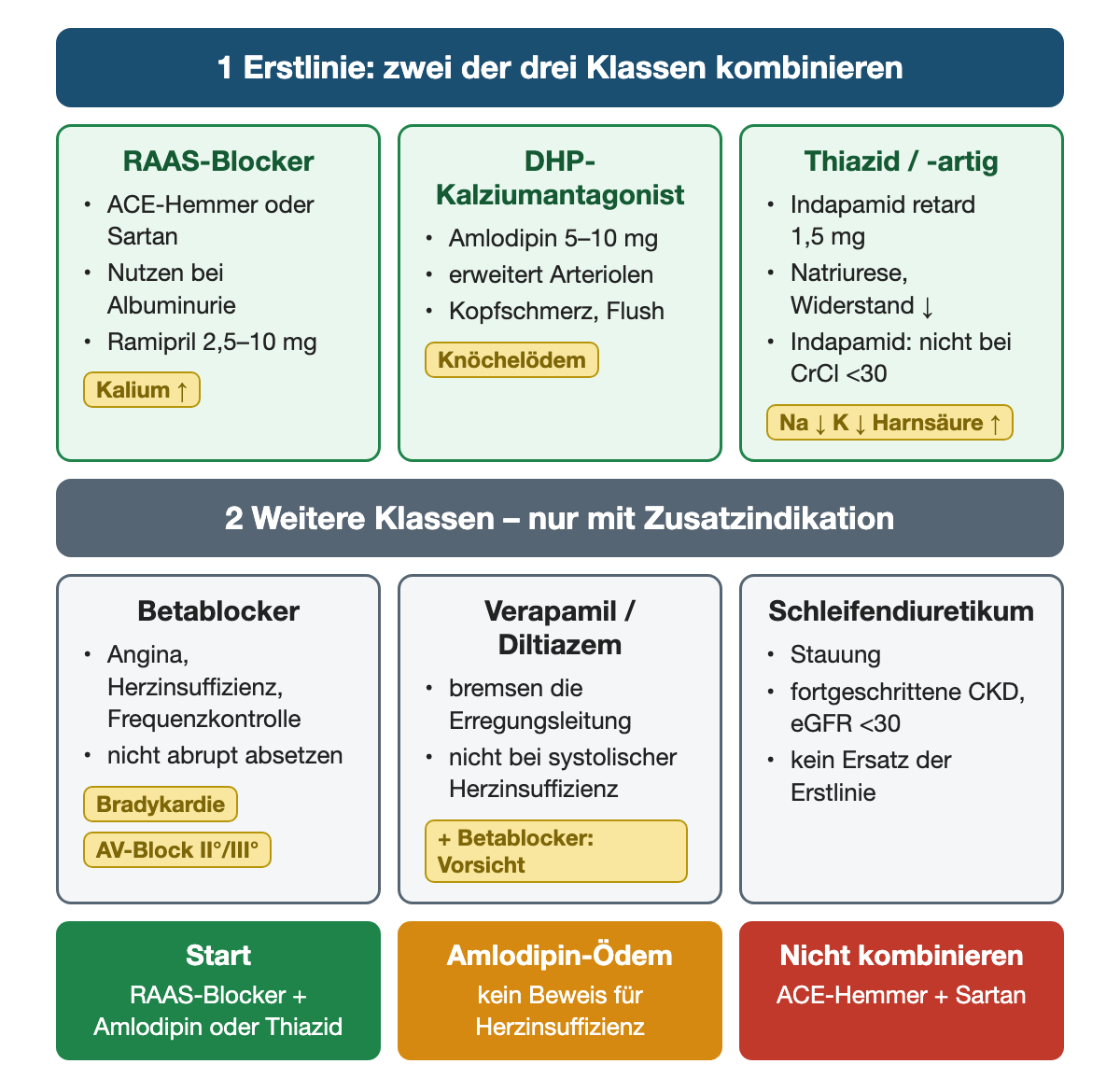 Oben die drei Erstlinienklassen mit Beispiel und Hauptgrenze: RAAS-Blocker (Ramipril 2,5–10 mg, Kaliumanstieg), Dihydropyridin-Kalziumantagonist (Amlodipin 5–10 mg, Knöchelödem) und Thiazid oder thiazidartiges Diuretikum (Indapamid retard 1,5 mg, Natrium- und Kaliumverlust, Harnsäureanstieg). Darunter Klassen mit Zusatzindikation: Betablocker, Verapamil/Diltiazem und Schleifendiuretikum.