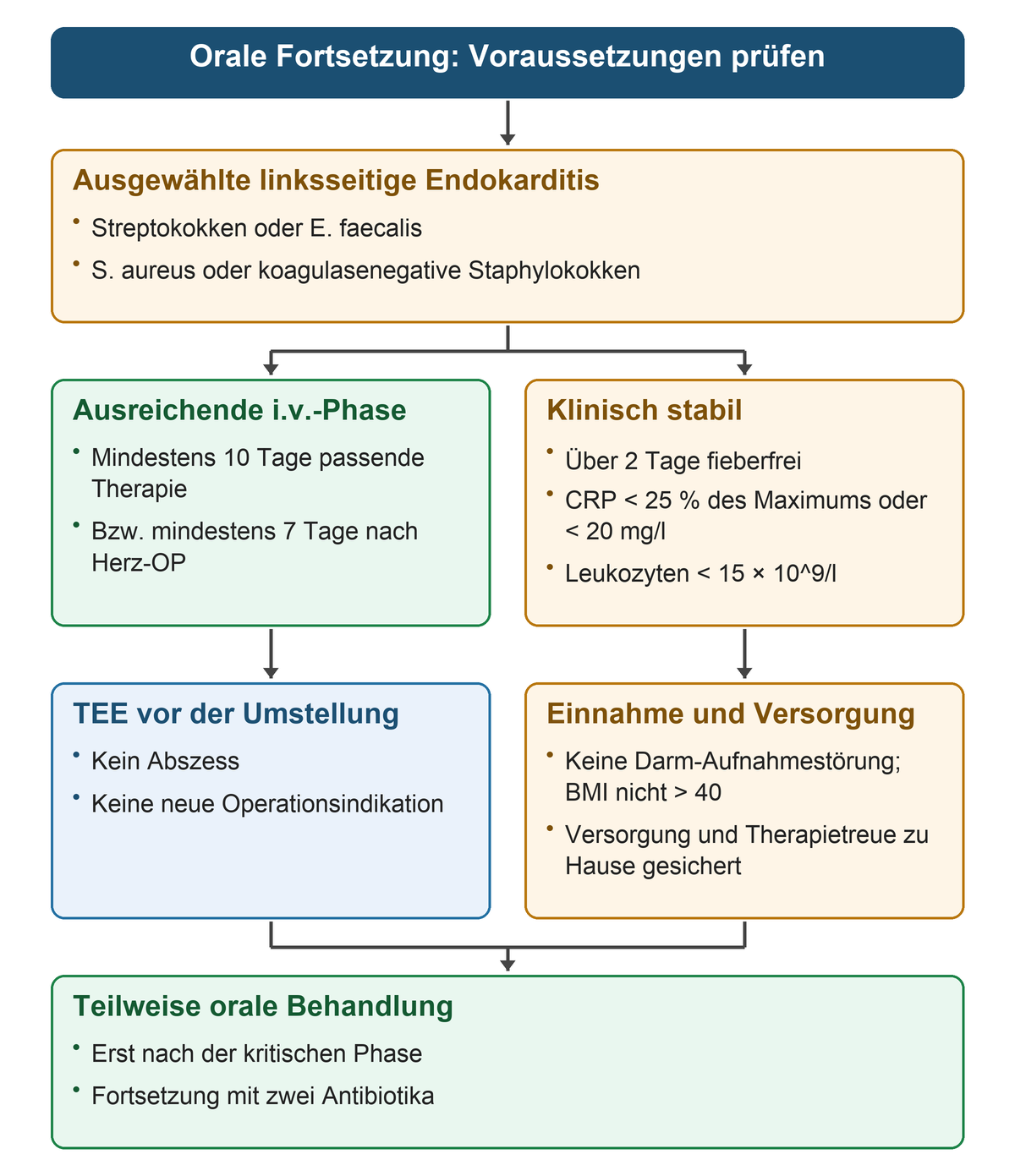 Der Weg beginnt mit linksseitiger Endokarditis durch ausgewählte Erreger; ausreichende i.v.-Behandlung und klinische Stabilität werden parallel geprüft, danach TEE sowie Einnahme und häusliche Versorgung, bevor die teilweise orale Therapie möglich wird.