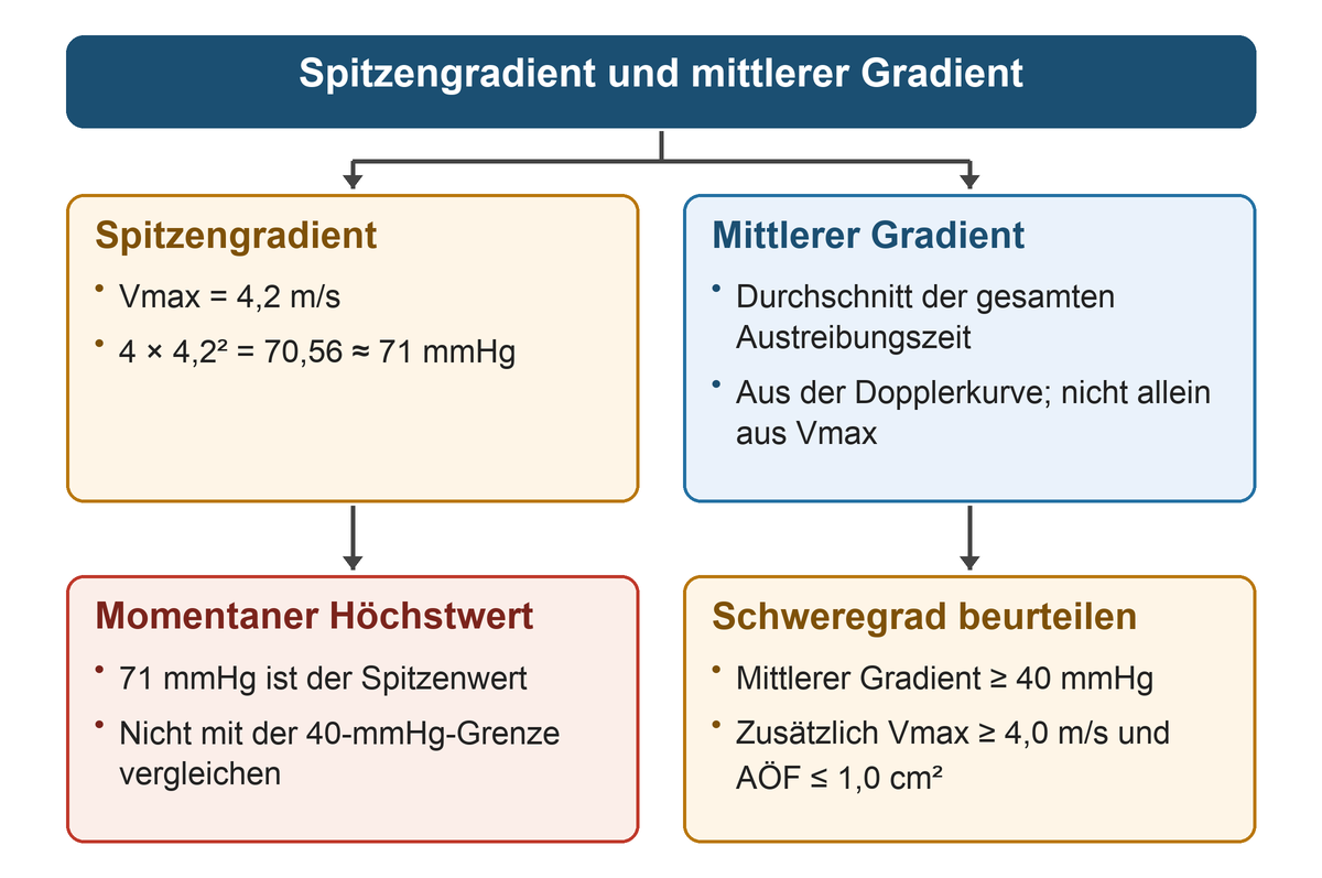 Zwei Spalten: links Vmax 4,2 m/s mit Berechnung des Spitzengradienten von 71 mmHg; rechts der aus der gesamten Dopplerkurve bestimmte mittlere Gradient und seine Schweregradgrenze.
