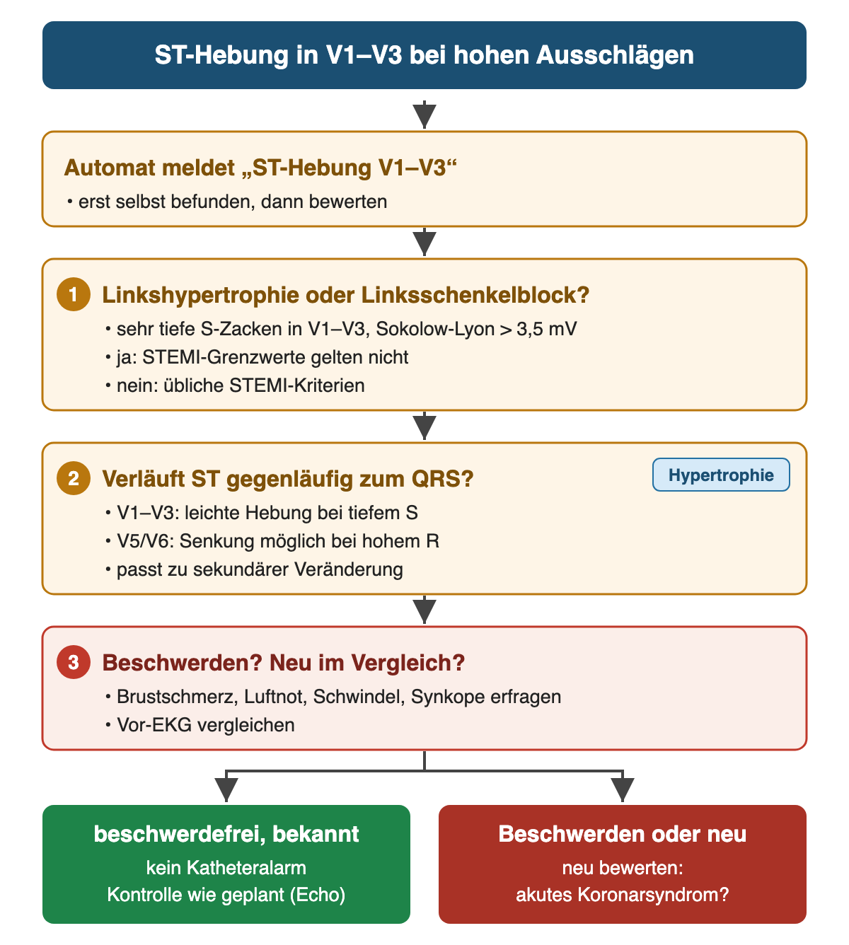 Entscheidungsweg von oben nach unten: Automatenmeldung ST-Hebung in V1 bis V3; Schritt 1 Linkshypertrophie oder Linksschenkelblock, dann gelten die STEMI-Grenzwerte nicht; Schritt 2 verläuft die ST-Strecke gegenläufig zum QRS; Schritt 3 Beschwerden oder neue Veränderung im Vergleich zum Vor-EKG; unten grün beschwerdefrei und bekannt: kein Katheteralarm, Kontrolle wie geplant; rot Beschwerden oder neu: neu bewerten mit Frage nach akutem Koronarsyndrom.