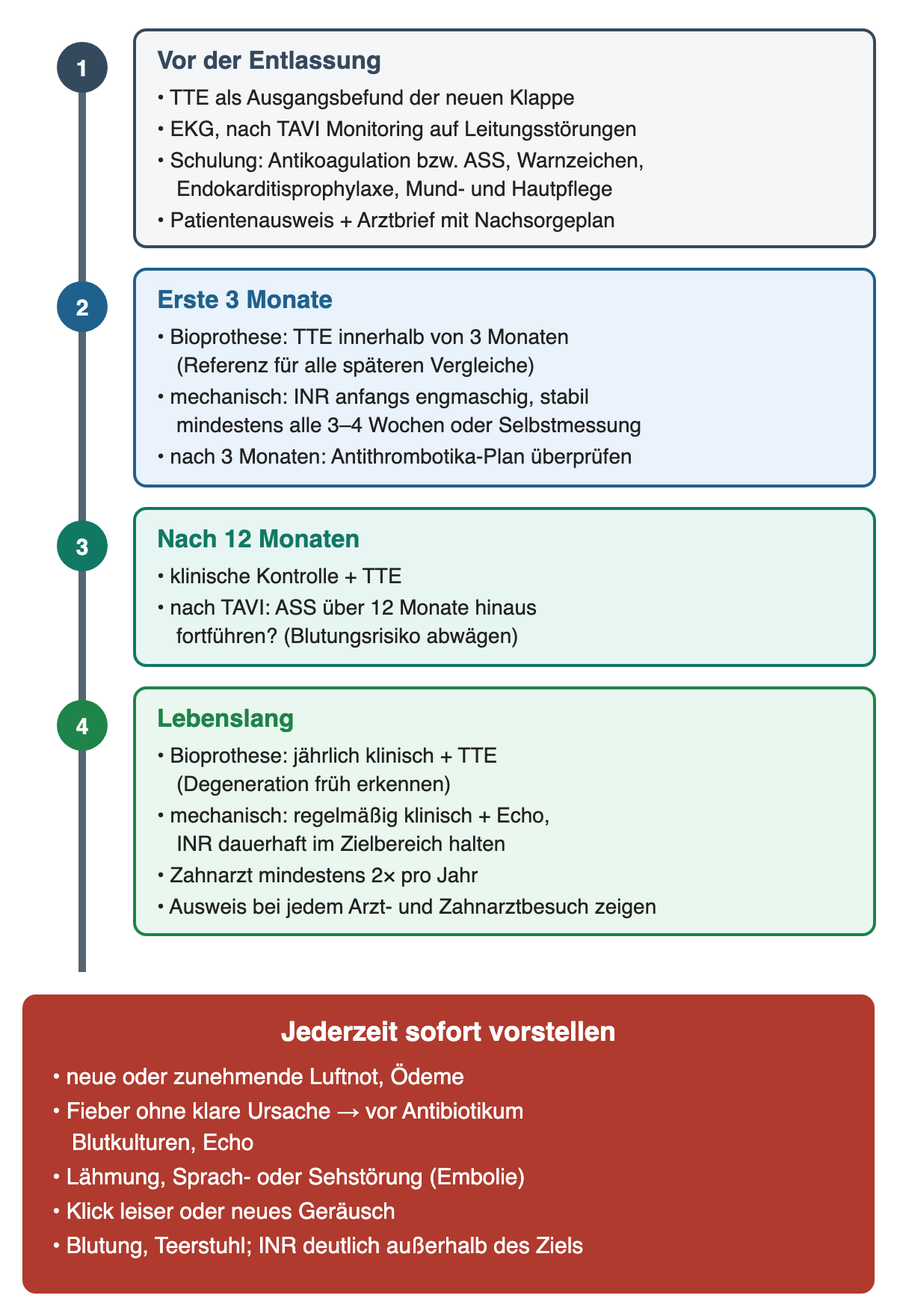 Senkrechte Zeitleiste mit vier Stationen: vor der Entlassung, erste 3 Monate, nach 12 Monaten und lebenslang; darunter ein roter Kasten mit Warnzeichen, bei denen sofort eine ärztliche Vorstellung nötig ist