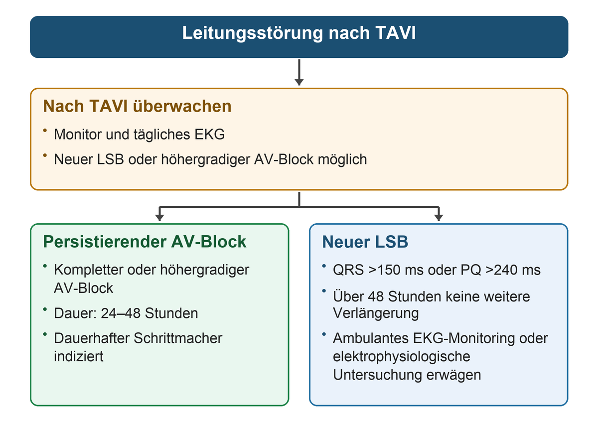 Nach TAVI führen Monitor und tägliches EKG links bei komplettem oder höhergradigem AV-Block über 24 bis 48 Stunden zum Schrittmacher und rechts bei neuem LSB mit QRS über 150 oder PQ über 240 Millisekunden ohne weitere Verlängerung über 48 Stunden zu ambulantem Monitoring oder elektrophysiologischer Untersuchung.