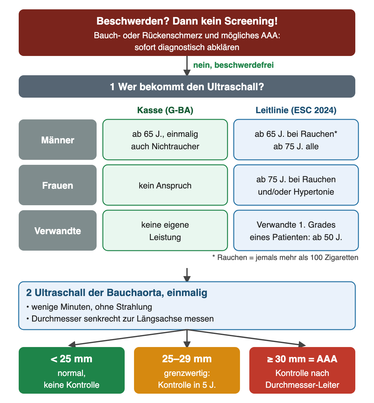 Diagramm: oben Beschwerden bedeuten Abklärung statt Screening; dann Gegenüberstellung Kasse (G-BA) und Leitlinie (ESC 2024) für Männer, Frauen und Verwandte 1. Grades; danach einmaliger Ultraschall der Bauchaorta mit drei Ergebnissen unter 25 mm, 25–29 mm und ab 30 mm