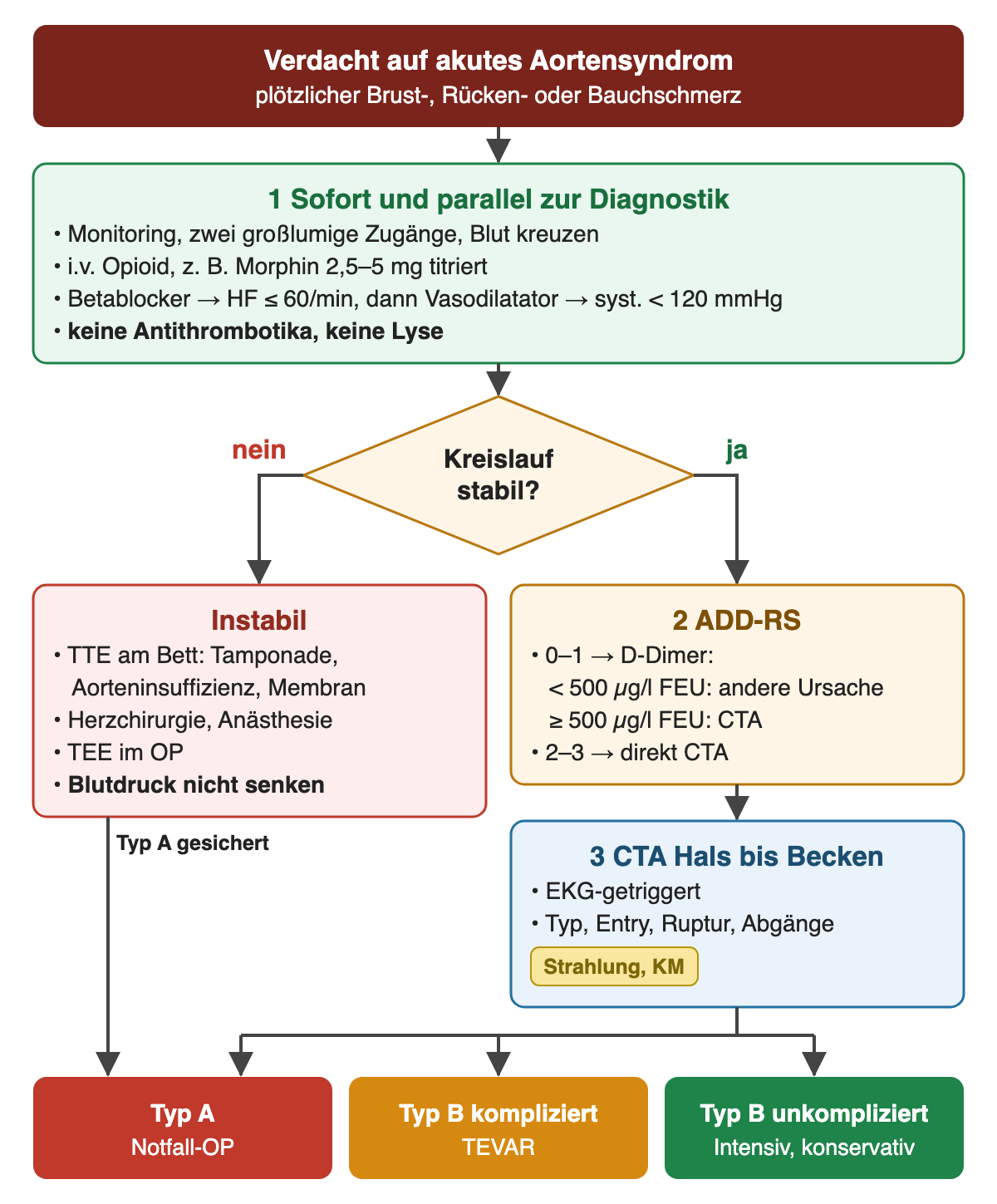 Algorithmus: Verdacht auf akutes Aortensyndrom; Schritt 1 sofort parallel Monitoring, Opioid, Betablocker und Vasodilatator mit Zielwerten, keine Antithrombotika; Frage Kreislauf stabil; instabil: TTE am Bett, Herzchirurgie, TEE im OP; stabil: Schritt 2 ADD-RS mit D-Dimer-Grenze 500 µg/l FEU, Schritt 3 CTA vom Hals bis zum Becken; Ergebnis Typ A Notfall-OP, Typ B kompliziert TEVAR, Typ B unkompliziert konservativ