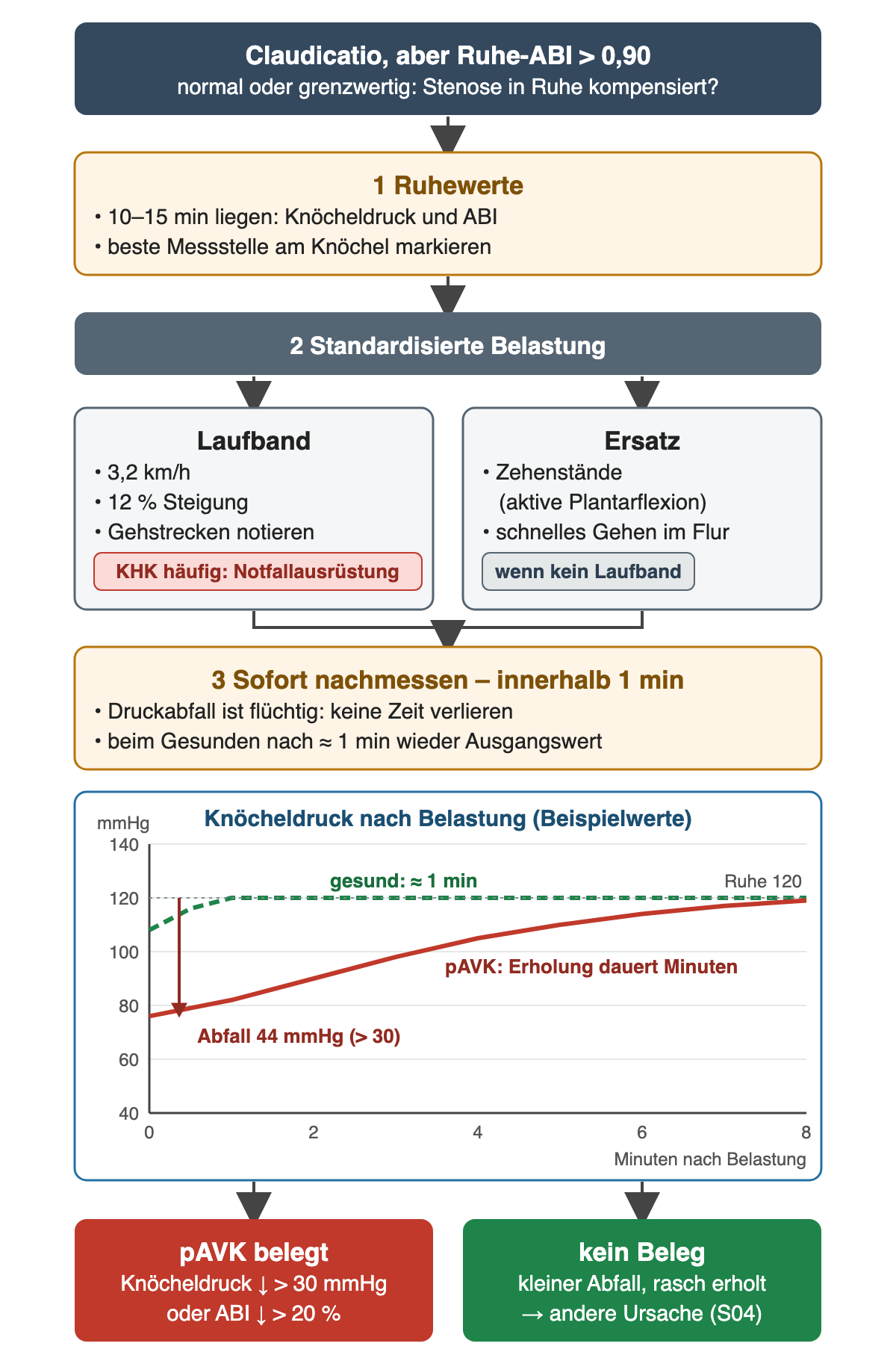 Ablaufschema Belastungs-ABI: Claudicatio bei Ruhe-ABI über 0,90; 1 Ruhewerte, 2 Belastung auf dem Laufband mit 3,2 km/h und 12 % Steigung oder ersatzweise Zehenstände, 3 sofort nachmessen; Diagramm des Knöcheldrucks über acht Minuten mit Beispielwerten: gesund nach etwa einer Minute wieder 120 mmHg, bei pAVK Abfall um 44 mmHg und langsame Erholung; unten pAVK belegt bei Abfall über 30 mmHg oder ABI-Abfall über 20 %