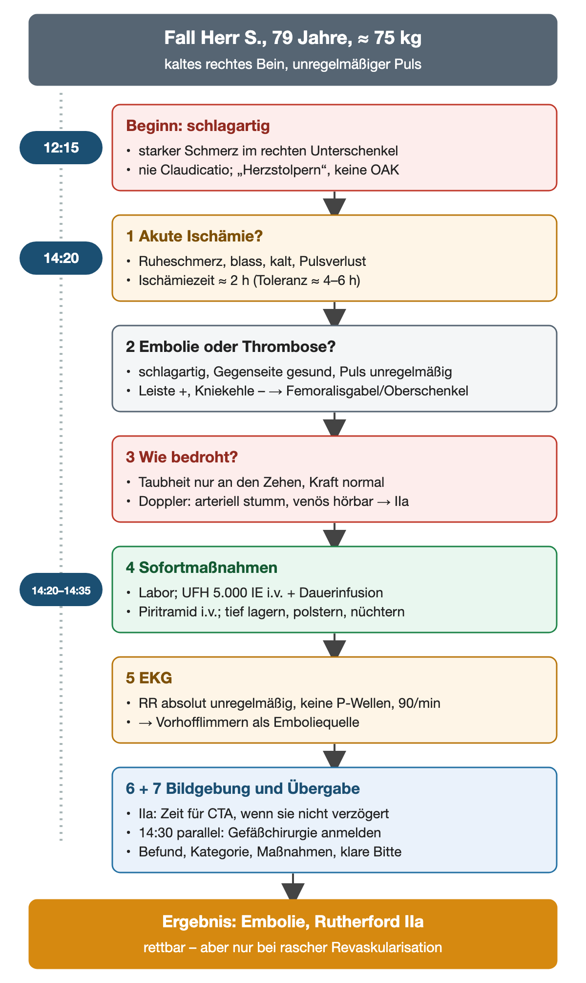 Zeitachse des Falls Herr S. von 12:15 Uhr (schlagartiger Beginn) über 14:20 Uhr (Aufnahme) mit den Schritten akute Ischämie, Embolie oder Thrombose, Rutherford-Einstufung, Sofortmaßnahmen bis 14:35 Uhr, EKG, Bildgebung und Anmeldung um 14:30 Uhr bis zum Ergebnis Embolie, Rutherford IIa