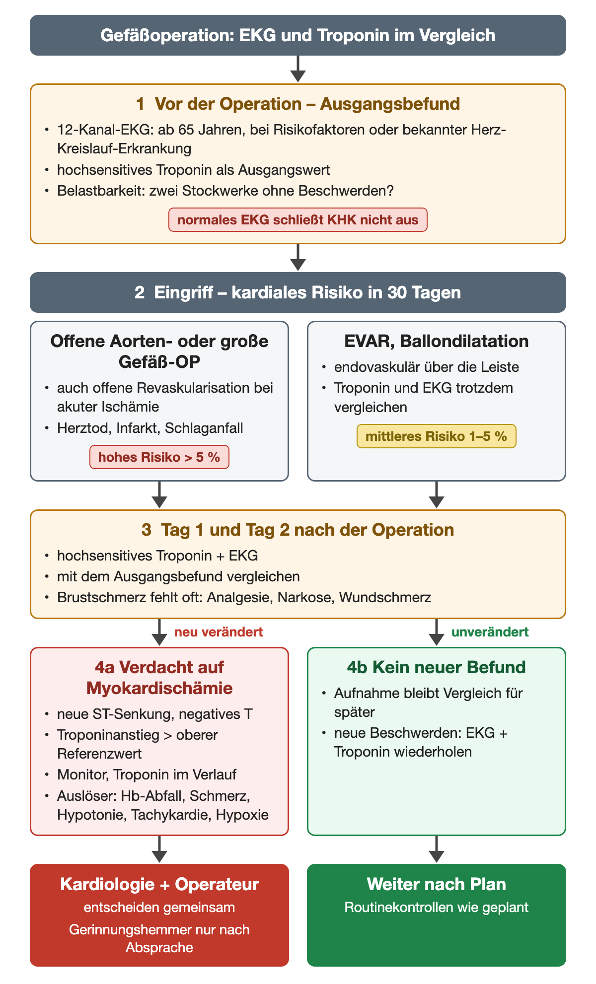 Ablauf rund um eine Gefäßoperation: 1 vor der Operation 12-Kanal-EKG, hochsensitives Troponin als Ausgangswert und Frage nach zwei Stockwerken, Hinweis dass ein normales EKG keine KHK ausschließt; 2 Eingriff mit hohem Risiko über 5 % bei offener Aorten- oder großer Gefäßoperation und mittlerem Risiko 1–5 % bei EVAR oder Ballondilatation; 3 am Tag 1 und 2 Troponin und EKG mit dem Ausgangsbefund vergleichen; bei neuem Befund Verdacht auf Myokardischämie mit Monitor, Troponin im Verlauf und Suche nach Auslösern wie Hb-Abfall, Schmerz, Hypotonie, Tachykardie und Hypoxie, Ausgang gemeinsame Entscheidung von Kardiologie und Operateur; bei unverändertem Befund weiter nach Plan.