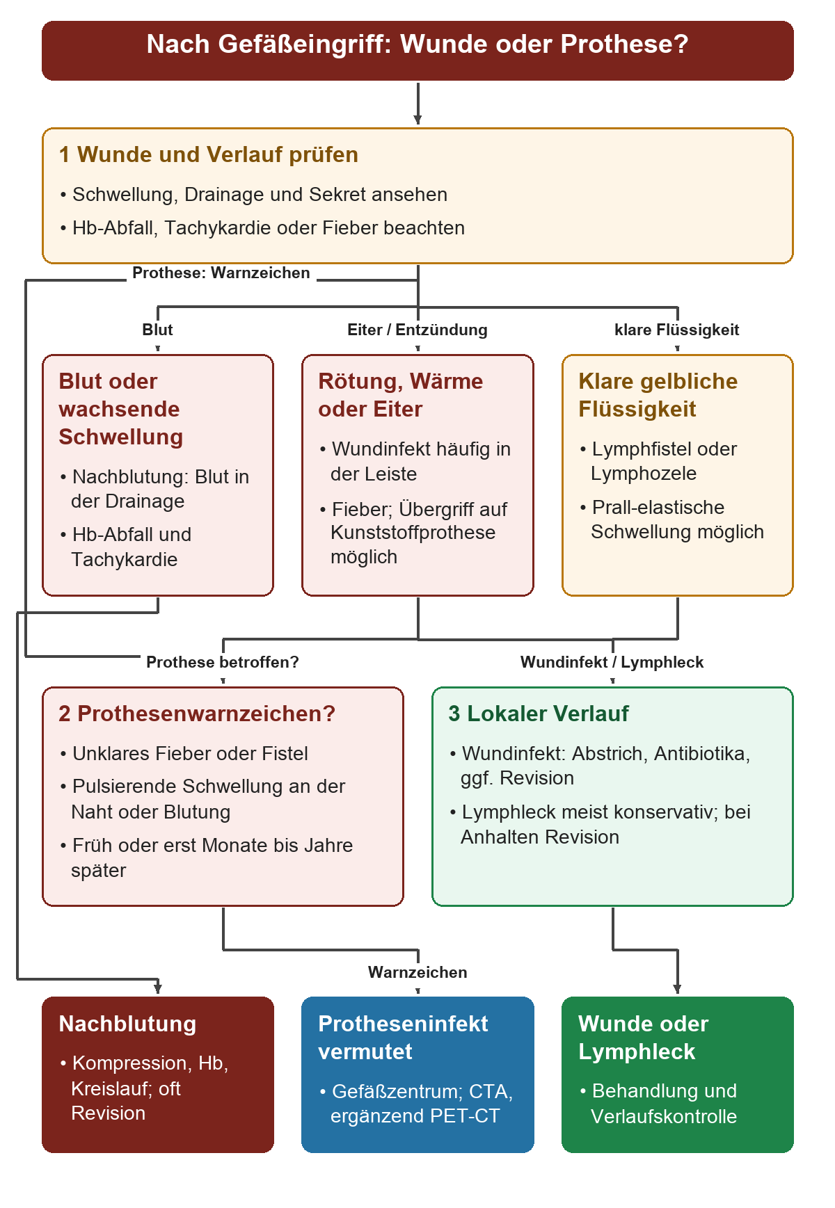 Nach Gefäßeingriff werden Blutung, Wundinfektion, Lymphleck und Protheseninfektion anhand von Sekret, Schwellung, Kreislauf und Zeitverlauf unterschieden; lokale Maßnahmen, mögliche Revision und Vorstellung im Gefäßzentrum folgen dem Befund.