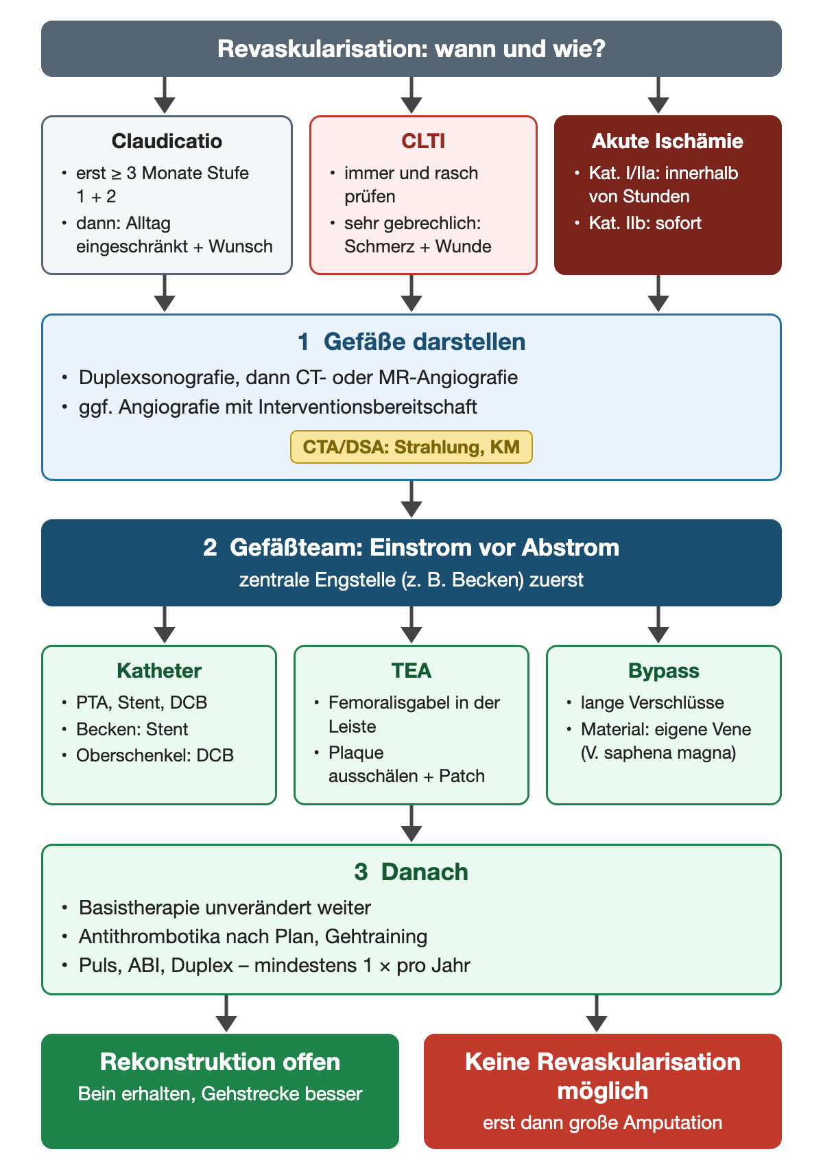 Revaskularisation wann und wie: Claudicatio erst nach mindestens 3 Monaten Basistherapie und Gehtraining, CLTI immer und rasch prüfen, akute Ischämie Kategorie I/IIa innerhalb von Stunden, IIb sofort; dann Gefäßdarstellung mit Duplex, CT- oder MR-Angiografie; Gefäßteam nach dem Grundsatz Einstrom vor Abstrom; Verfahren Katheter (PTA, Stent im Becken, DCB am Oberschenkel), TEA an der Femoralisgabel oder Bypass mit eigener Vene; danach Basistherapie, Antithrombotika, Gehtraining und Kontrollen mindestens einmal pro Jahr; große Amputation erst, wenn keine Revaskularisation möglich ist.