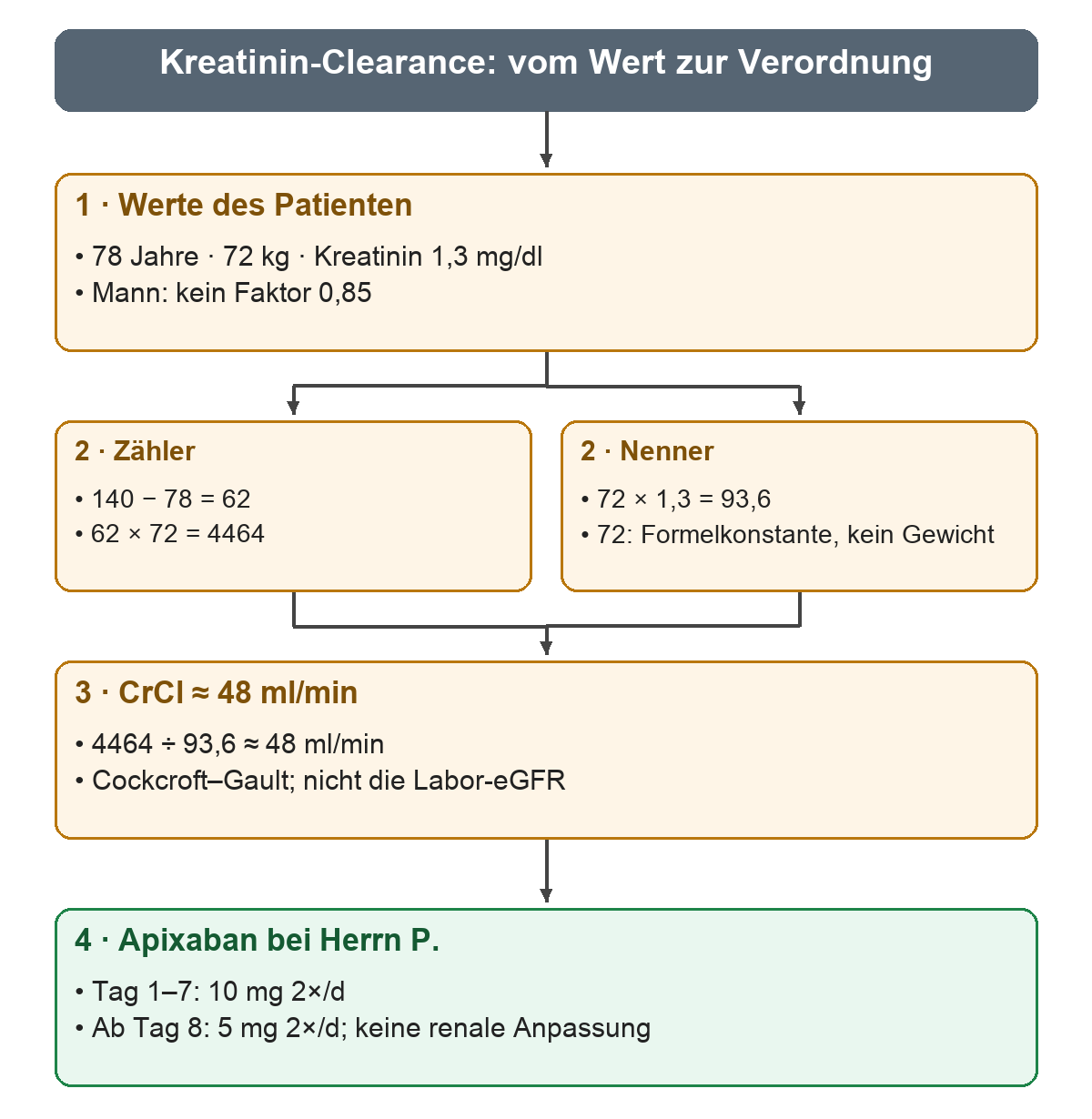 Von den Werten 78 Jahre, 72 kg und Kreatinin 1,3 mg/dl führen Zähler und Nenner parallel zur Clearance von etwa 48 ml/min; darunter folgt das Apixaban-Schema für Herrn P.