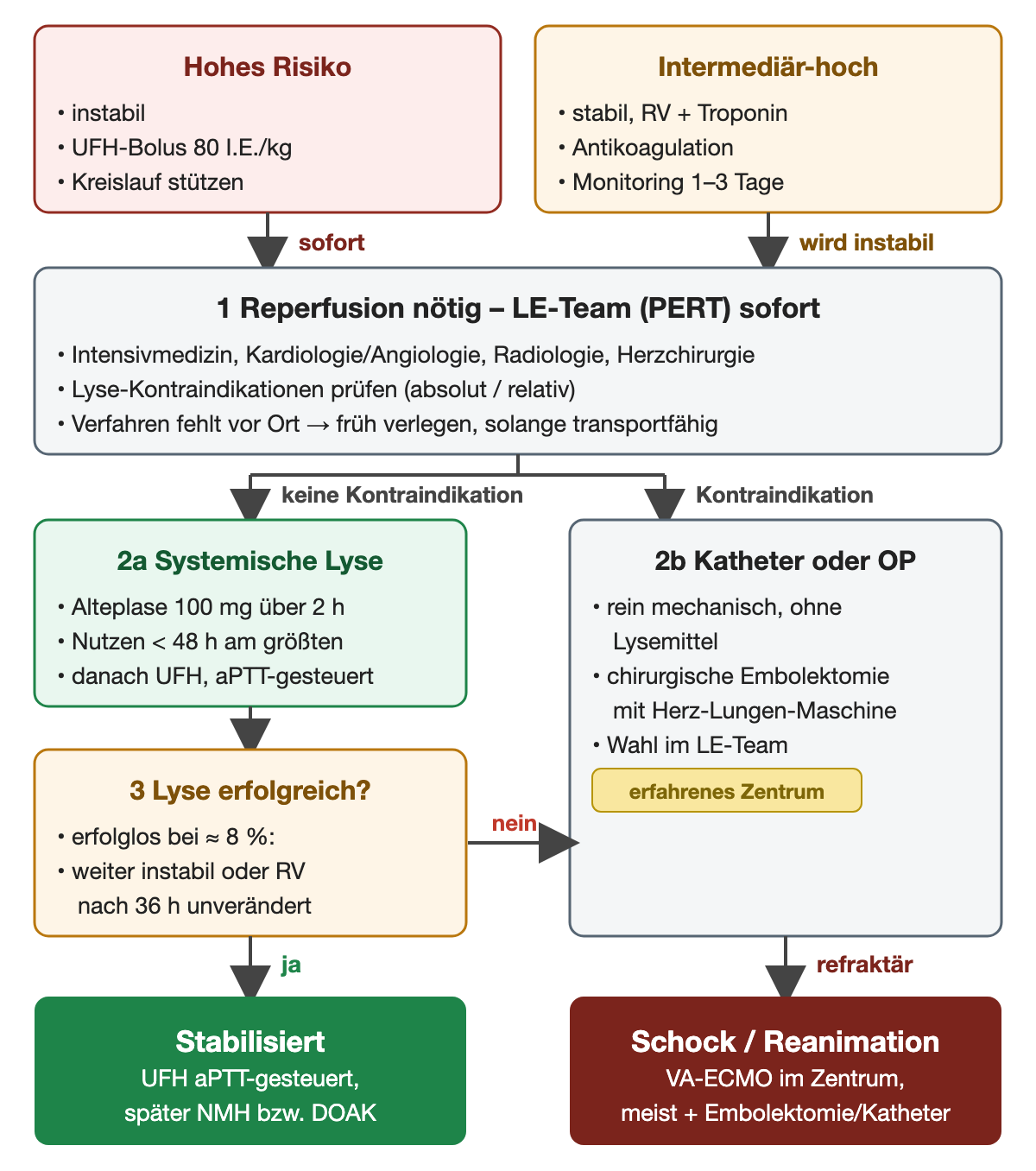 Flussdiagramm: oben links hohes Risiko (instabil, UFH-Bolus 80 I.E. pro kg, Kreislauf stützen), rechts intermediär-hoch (stabil, RV und Troponin positiv, Antikoagulation, Monitoring 1–3 Tage); sofort bzw. wenn instabil geht es zu 1 Reperfusion nötig mit LE-Team aus Intensivmedizin, Kardiologie/Angiologie, Radiologie und Herzchirurgie, Prüfung der Lyse-Kontraindikationen und früher Verlegung; ohne Kontraindikation 2a systemische Lyse mit Alteplase 100 mg über 2 h, danach UFH; mit Kontraindikation 2b Katheter oder OP im erfahrenen Zentrum; 3 Lyse erfolgreich? erfolglos bei etwa 8 % (weiter instabil oder RV nach 36 h unverändert) führt zu 2b; unten stabilisiert mit UFH, später NMH oder DOAK, und bei refraktärem Schock VA-ECMO im Zentrum
