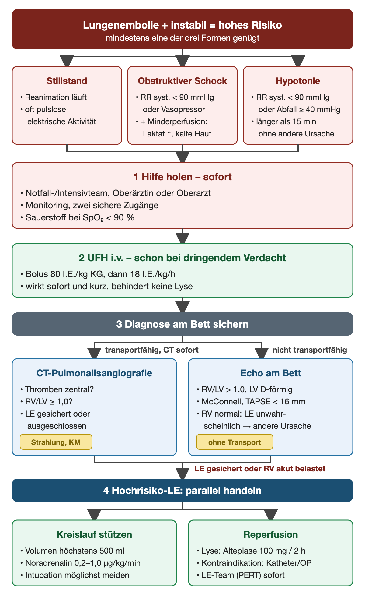 Flussdiagramm: oben die drei Formen der Instabilität nebeneinander – Kreislaufstillstand, obstruktiver Schock mit RR unter 90 mmHg oder Vasopressor plus Minderperfusion, Hypotonie unter 90 mmHg oder Abfall um mindestens 40 mmHg länger als 15 Minuten; darunter 1 Hilfe holen mit Monitoring, zwei Zugängen und Sauerstoff bei SpO2 unter 90 %, 2 UFH-Bolus 80 I.E. pro kg, dann 18 I.E. pro kg und Stunde, 3 Diagnose am Bett: transportfähig zur CT mit RV/LV ab 1,0, nicht transportfähig zum Echo mit RV/LV über 1,0, D-Form, McConnell und TAPSE unter 16 mm, normaler RV spricht gegen LE; 4 Hochrisiko-LE: parallel Kreislauf stützen (höchstens 500 ml, Noradrenalin 0,2–1,0 µg/kg/min) und Reperfusion (Alteplase 100 mg über 2 h, bei Kontraindikation Katheter oder OP, LE-Team)