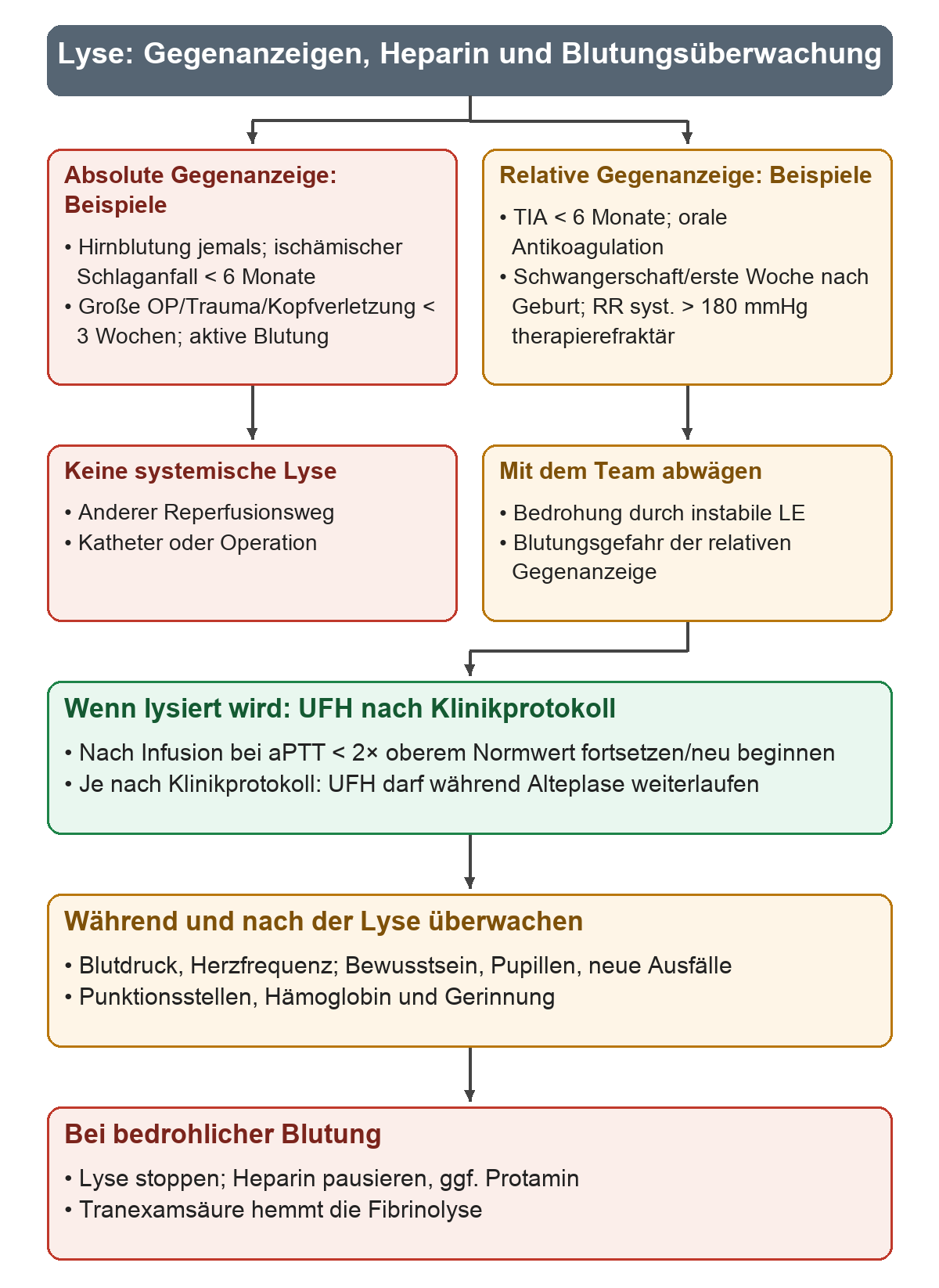 Links führt eine absolute Gegenanzeige zum anderen Reperfusionsweg; rechts wird bei relativer Gegenanzeige mit dem Team abgewogen. Nur der mögliche Lyseweg setzt sich mit UFH nach Klinikprotokoll, Überwachung und Maßnahmen bei bedrohlicher Blutung fort.