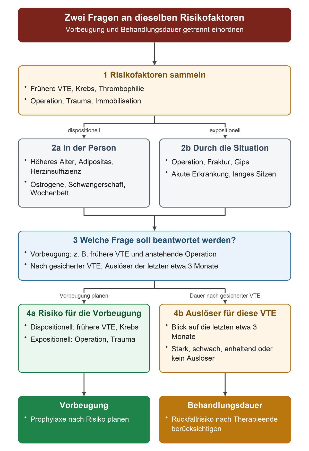 Von der Erhebung dispositioneller und expositioneller Risikofaktoren führt der Weg zur jeweiligen Fragestellung. Für die Vorbeugung werden Person und Situation gemeinsam betrachtet; nach gesicherter VTE wird der Auslöser der letzten etwa drei Monate für das Rückfallrisiko und die Behandlungsdauer eingeordnet.