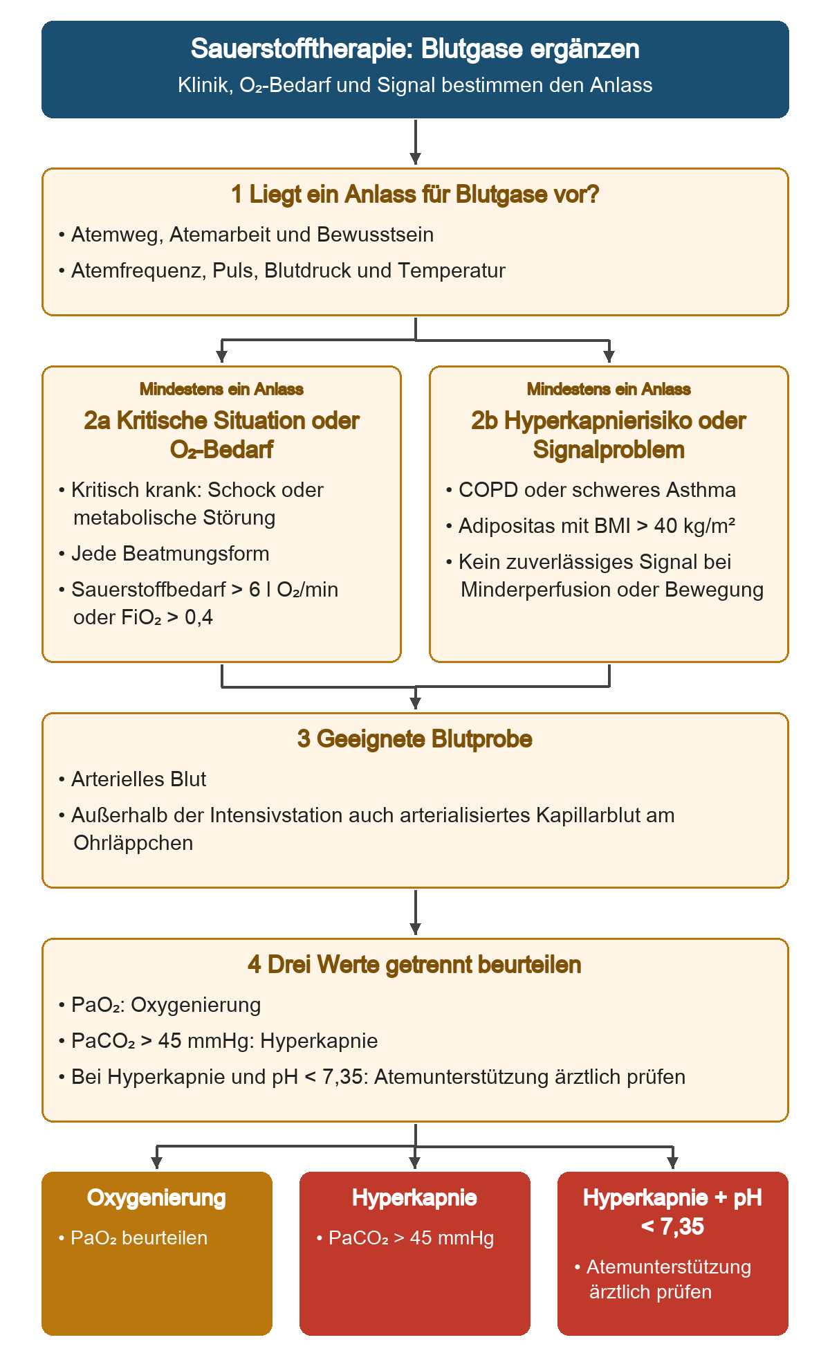 Übersicht zur Blutgasanalyse bei Sauerstofftherapie. Nach Beurteilung von Atmung, Bewusstsein und Kreislauf stehen gleichrangige Anlassgruppen: kritisch krank mit Schock oder metabolischer Störung beziehungsweise jede Beatmungsform; schwere Hypoxämie mit mehr als sechs Litern Sauerstoff pro Minute oder FiO₂ über 0,4; Hyperkapnierisiko bei COPD, schwerem Asthma oder BMI über 40 kg pro Quadratmeter; und fehlendes zuverlässiges Signal durch Minderperfusion oder Bewegung. Geeignete Blutgasanalyse aus arteriellem Blut oder außerhalb der Intensivstation aus arterialisiertem Ohrläppchenblut erfasst PaO₂, PaCO₂ und pH. PaCO₂ über 45 mmHg bedeutet Hyperkapnie; bei Hyperkapnie und pH unter 7,35 wird Atemunterstützung ärztlich geprüft.