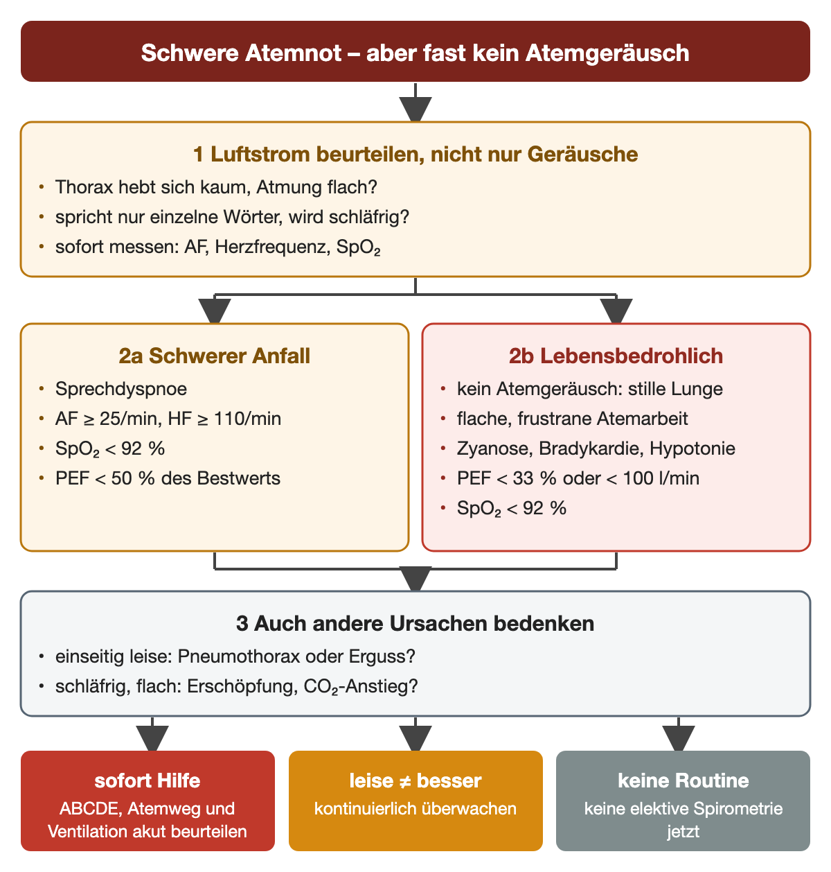 Bei schwerer Atemnot mit fast fehlendem Atemgeräusch wird zuerst der Luftstrom beurteilt: Thoraxbewegung, Sprechfähigkeit, Atemfrequenz, Herzfrequenz und SpO₂. Kriterien nach NVL Asthma: schwerer Anfall mit Sprechdyspnoe, Atemfrequenz ab 25/min, Herzfrequenz ab 110/min, SpO₂ unter 92 % und PEF unter 50 % des Bestwerts; lebensbedrohlich mit stiller Lunge, flacher oder frustraner Atemarbeit, Zyanose, Bradykardie, Hypotonie, SpO₂ unter 92 % und PEF unter 33 % oder unter 100 l/min. Danach andere Ursachen wie Pneumothorax, Erguss oder Erschöpfung. Ergebniszeile: sofort Hilfe und ABCDE, leise ist nicht besser, keine Routine.
