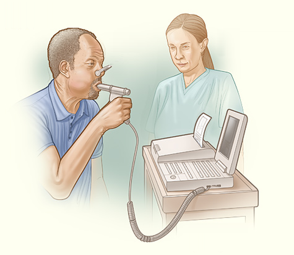 Zeichnung: Ein sitzender Patient trägt eine Nasenklemme, umschließt das Mundstück des Spirometers dicht mit den Lippen und hält das Griffstück; eine Fachkraft steht daneben und beobachtet ihn, das Messgerät mit Bildschirm und Ausdruck steht auf einem Wagen.