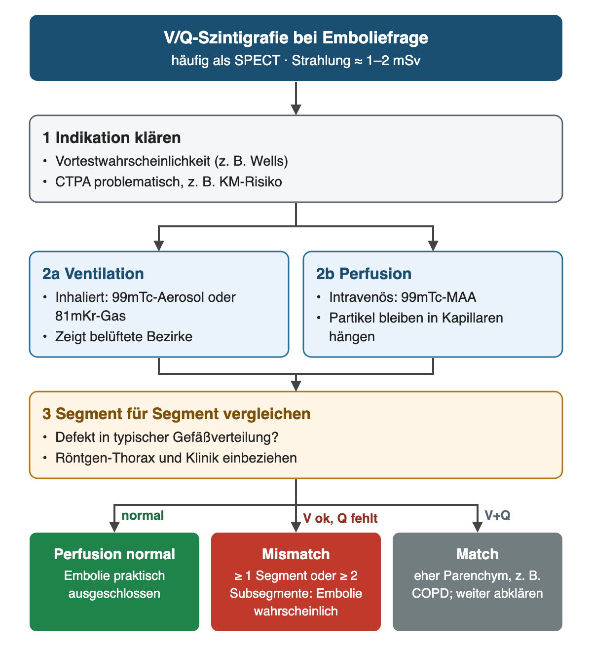 V/Q-Szintigrafie mit etwa 1 bis 2 mSv: Indikation mit Vortestwahrscheinlichkeit klären, Ventilation mit inhaliertem 99mTc-Aerosol oder 81mKr und Perfusion mit intravenösem 99mTc-MAA darstellen, Segment für Segment vergleichen. Ergebnisse: normale Perfusion schließt Embolie praktisch aus; Mismatch ab 1 Segment oder 2 Subsegmenten spricht für Embolie; Match eher für Parenchymerkrankung.