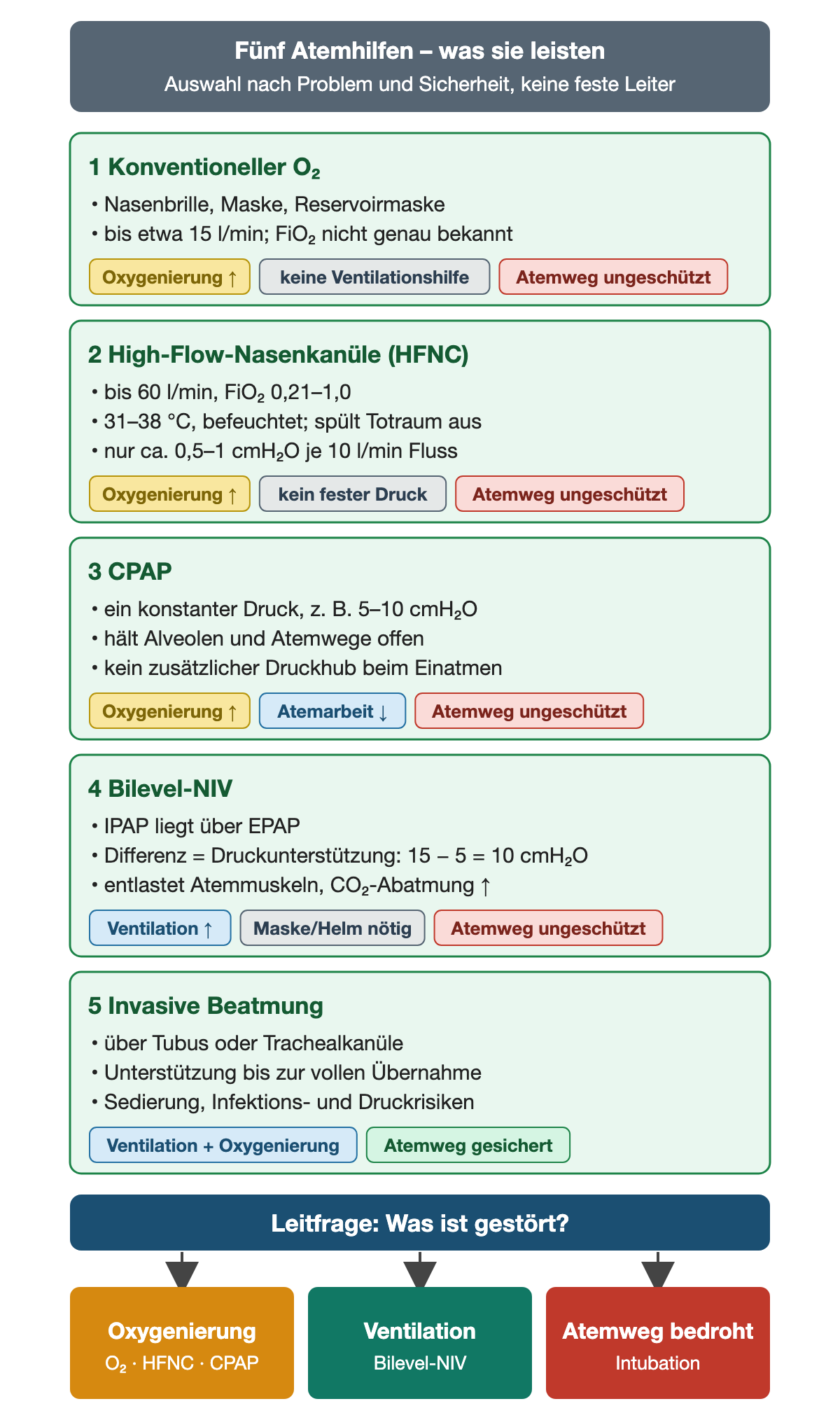 Fünf Karten untereinander: 1 konventioneller Sauerstoff über Nasenbrille, Maske oder Reservoirmaske bis etwa 15 l/min, hebt den O₂-Anteil, keine Ventilationshilfe, Atemweg ungeschützt; 2 High-Flow-Nasenkanüle bis 60 l/min, FiO₂ 0,21 bis 1,0, 31 bis 38 °C, befeuchtet, spült Totraum aus, nur etwa 0,5 bis 1 cmH₂O je 10 l/min, kein fester Druck; 3 CPAP mit einem konstanten Druck, zum Beispiel 5 bis 10 cmH₂O, hält Alveolen offen, kein zusätzlicher Druckhub; 4 Bilevel-NIV, IPAP über EPAP, Differenz 15 minus 5 gleich 10 cmH₂O Druckunterstützung, entlastet die Atemmuskeln und verbessert die CO₂-Abatmung; 5 invasive Beatmung über Tubus oder Trachealkanüle mit gesichertem Atemweg, aber Sedierungs-, Infektions- und Druckrisiken. Unten führt die Leitfrage „Was ist gestört?“ zu drei Feldern: Oxygenierung zu O₂, HFNC oder CPAP; Ventilation zu Bilevel-NIV; bedrohter Atemweg zu Intubation.
