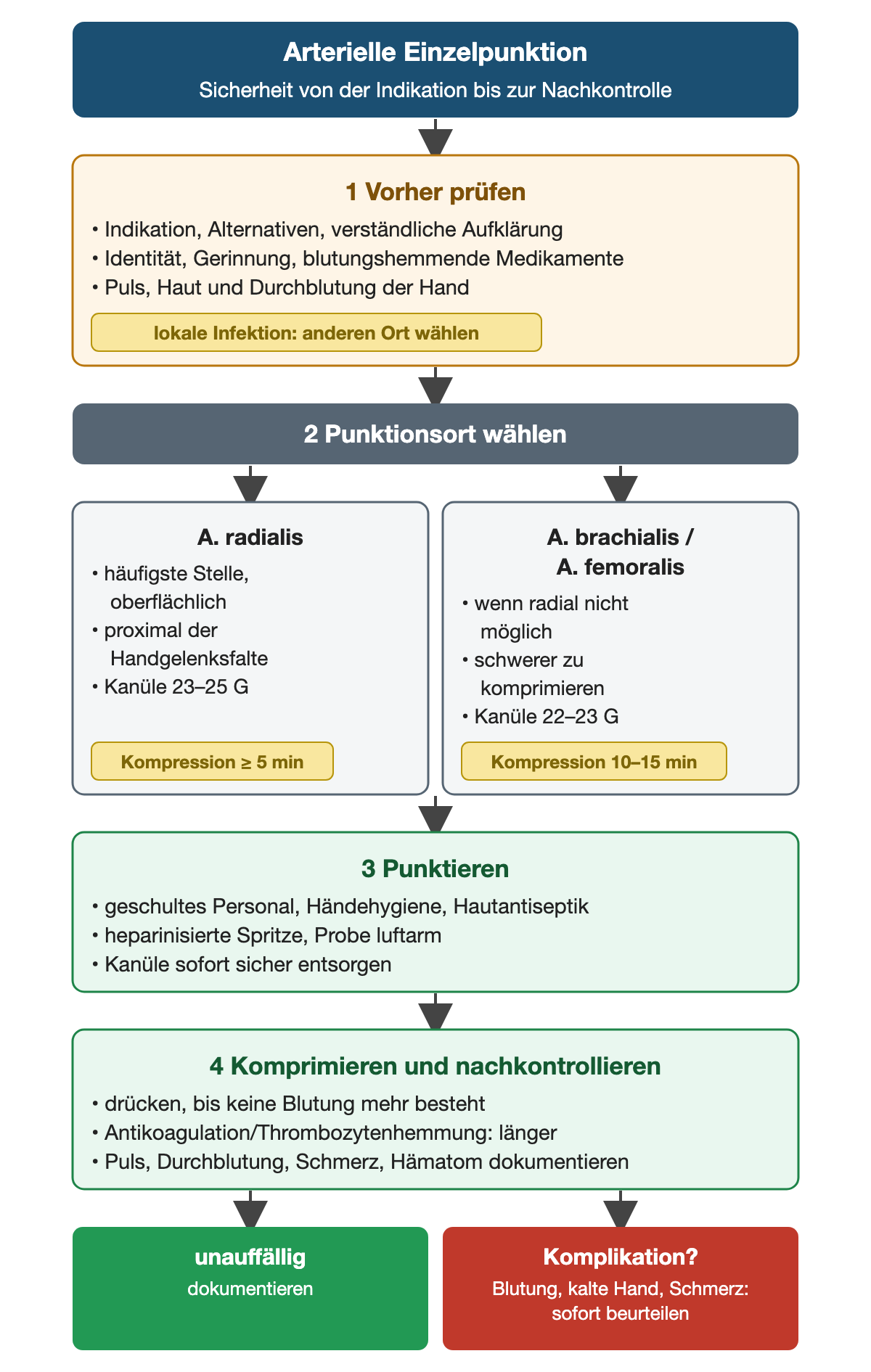 Von oben nach unten: Arterielle Einzelpunktion von der Indikation bis zur Nachkontrolle. Schritt 1, vorher prüfen: Indikation, Alternativen, verständliche Aufklärung; Identität, Gerinnung und blutungshemmende Medikamente; Puls, Haut und Durchblutung der Hand; bei lokaler Infektion anderen Ort wählen. Schritt 2, Punktionsort nebeneinander: A. radialis als häufigste, oberflächliche Stelle proximal der Handgelenksfalte, Kanüle 23–25 G, Kompression mindestens 5 Minuten; A. brachialis oder A. femoralis, wenn radial nicht möglich, schwerer zu komprimieren, Kanüle 22–23 G, Kompression 10–15 Minuten. Schritt 3, punktieren: geschultes Personal, Händehygiene, Hautantiseptik, heparinisierte Spritze, Probe luftarm, Kanüle sofort sicher entsorgen. Schritt 4: komprimieren, bis keine Blutung mehr besteht, unter Antikoagulation oder Thrombozytenhemmung länger; Puls, Durchblutung, Schmerz und Hämatom dokumentieren. Ergebnisse: unauffällig, dokumentieren; Komplikation mit Blutung, kalter Hand oder Schmerz, sofort beurteilen.