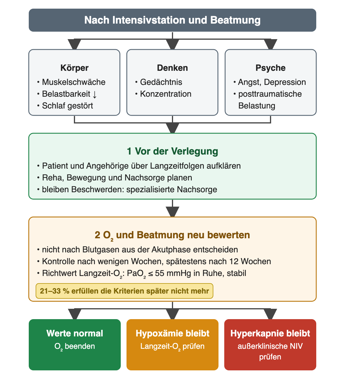 Oben: nach Intensivstation und Beatmung. Drei Bereiche möglicher Langzeitfolgen: Körper – Muskelschwäche, geringere Belastbarkeit, gestörter Schlaf; Denken – Gedächtnis, Konzentration; Psyche – Angst, Depression, posttraumatische Belastung. Schritt 1 vor der Verlegung: Patient und Angehörige über Langzeitfolgen aufklären, Reha, Bewegung und Nachsorge planen, bei bleibenden Beschwerden spezialisierte Nachsorge. Schritt 2 Sauerstoff und Beatmung neu bewerten: nicht nach Blutgasen aus der Akutphase entscheiden, Kontrolle nach wenigen Wochen, spätestens nach 12 Wochen, Richtwert für Langzeit-Sauerstoff PaO₂ höchstens 55 mmHg in Ruhe in stabiler Phase; 21–33 % erfüllen die Kriterien später nicht mehr. Drei Ergebnisse: Werte normal – Sauerstoff beenden; Hypoxämie bleibt – Langzeit-Sauerstoff prüfen; Hyperkapnie bleibt – außerklinische NIV prüfen.