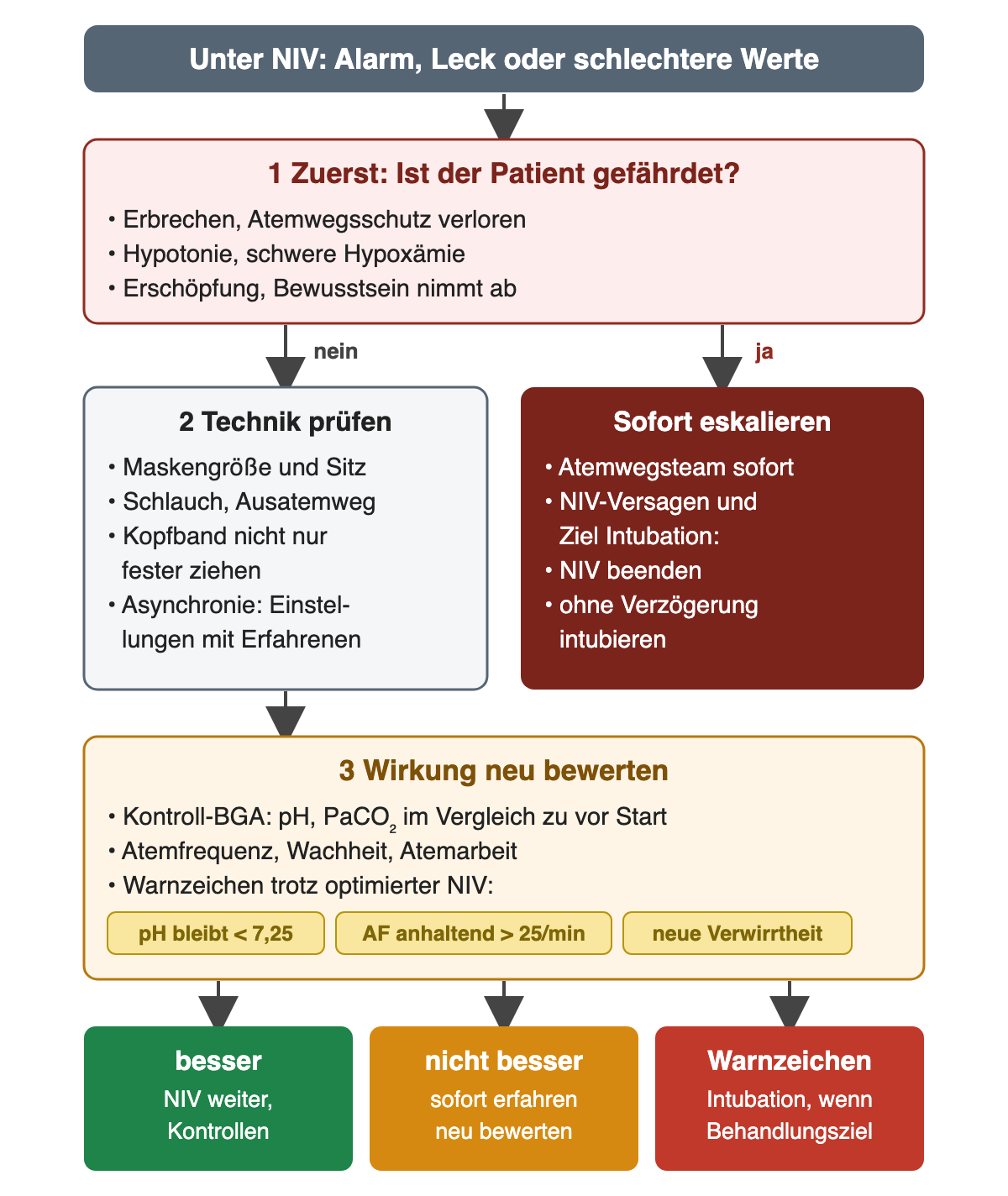Ausgang: Alarm, Leck oder schlechtere Werte unter NIV. Schritt 1 in Rot: Ist der Patient gefährdet – Erbrechen oder verlorener Atemwegsschutz, Hypotonie oder schwere Hypoxämie, Erschöpfung oder abnehmendes Bewusstsein? Bei ja führt der Pfeil rechts zu „Sofort eskalieren“: Atemwegsteam sofort; bei NIV-Versagen und Ziel Intubation NIV beenden und ohne Verzögerung intubieren. Bei nein führt der Pfeil links zu Schritt 2 „Technik prüfen“: Maskengröße und Sitz, Schlauch und Ausatemweg, Kopfband nicht nur fester ziehen, bei Asynchronie Einstellungen mit Erfahrenen. Schritt 3 „Wirkung neu bewerten“: Kontroll-BGA mit pH und PaCO₂ im Vergleich zu vor Start, Atemfrequenz, Wachheit, Atemarbeit; Warnzeichen trotz optimierter NIV sind pH bleibt unter 7,25, Atemfrequenz anhaltend über 25 pro Minute und neue Verwirrtheit. Drei Ergebnisse: besser – NIV weiter mit Kontrollen; nicht besser – sofort erfahren neu bewerten; Warnzeichen – Intubation, wenn sie dem Behandlungsziel entspricht.