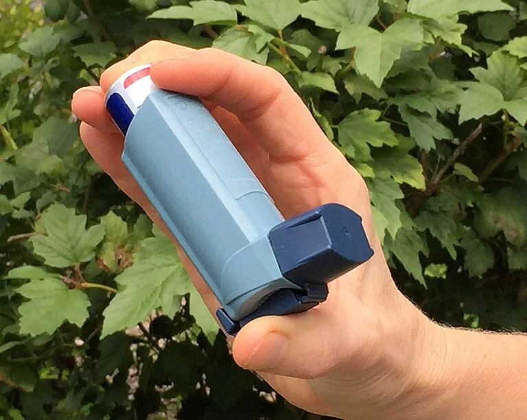 Eine Hand hält ein hellblaues Dosieraerosol mit dunkelblauem Mundstück vor grünem Laub; der Daumen liegt unter dem Mundstück, der Zeigefinger auf dem Wirkstoffbehälter.