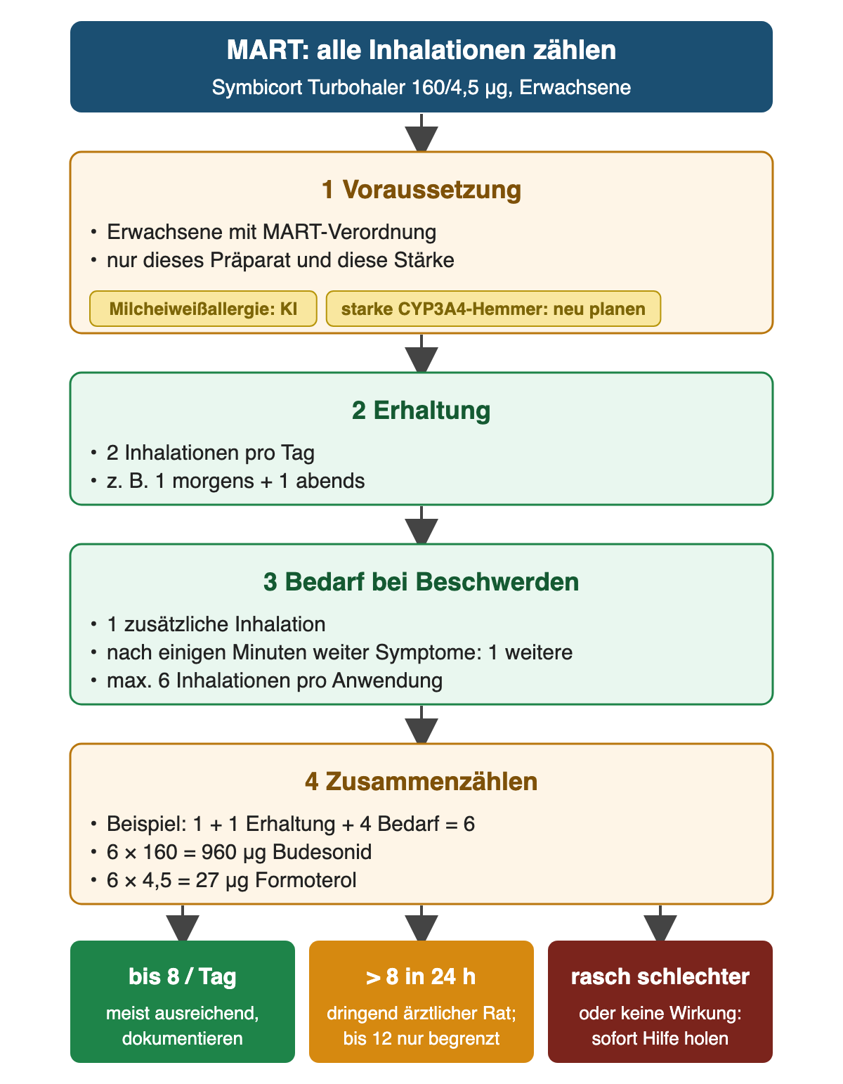 Vier nummerierte Schritte für Symbicort Turbohaler 160/4,5 Mikrogramm bei Erwachsenen mit MART: Voraussetzung mit Hinweisen auf Milcheiweißallergie und starke CYP3A4-Hemmer, Erhaltung 2 Inhalationen pro Tag, Bedarf 1 Inhalation und nach einigen Minuten 1 weitere, höchstens 6 pro Anwendung, dann alle Inhalationen zusammenzählen: 1 + 1 + 4 = 6, entsprechend 960 Mikrogramm Budesonid und 27 Mikrogramm Formoterol. Ergebniszeile: bis 8 pro Tag, mehr als 8 in 24 Stunden dringend ärztlicher Rat, rasche Verschlechterung oder fehlende Wirkung sofort Hilfe.