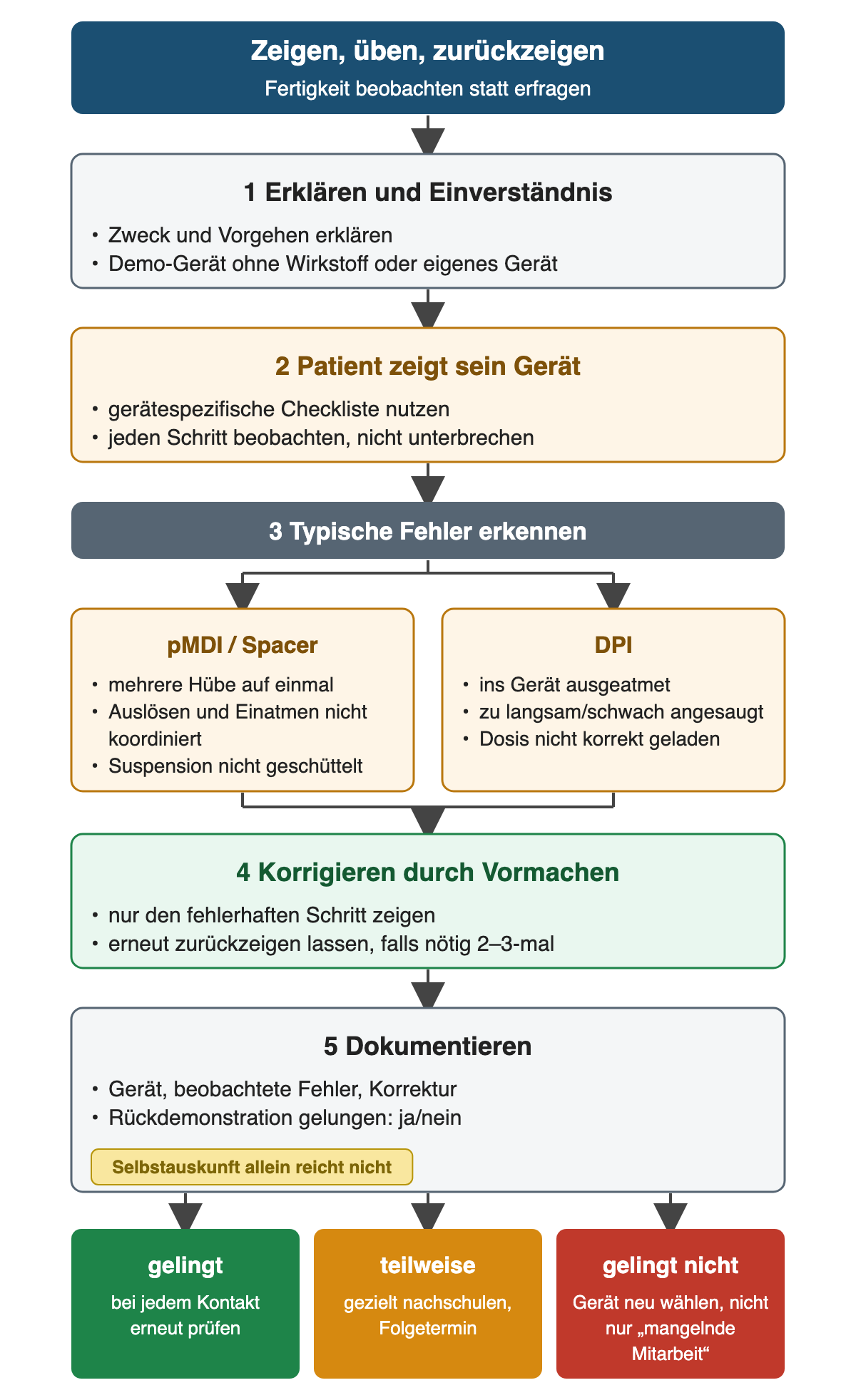 Fünf nummerierte Schritte der Rückdemonstration: erklären und Einverständnis einholen, Patient zeigt sein Gerät anhand einer gerätespezifischen Checkliste, typische Fehler erkennen (Dosieraerosol/Spacer: mehrere Hübe, fehlende Koordination, nicht geschüttelt; Pulverinhalator: ins Gerät ausgeatmet, zu schwach angesaugt, Dosis nicht geladen), durch Vormachen korrigieren und erneut zurückzeigen lassen, falls nötig zwei- bis dreimal, dokumentieren. Drei Ergebnisse: gelingt, teilweise, gelingt nicht mit neuer Gerätewahl.
