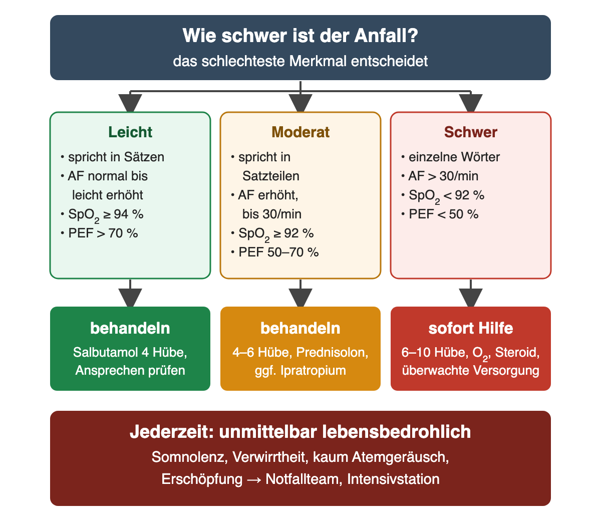 Drei Spalten zur Schwere: leicht mit Sprechen in Sätzen, SpO2 mindestens 94 Prozent, PEF über 70 Prozent; moderat mit Satzteilen, AF bis 30 pro Minute, SpO2 mindestens 92 Prozent, PEF 50 bis 70 Prozent; schwer mit einzelnen Wörtern, AF über 30, SpO2 unter 92 Prozent, PEF unter 50 Prozent. Darunter die jeweilige Erstbehandlung und ein Alarmfeld für unmittelbar lebensbedrohliche Zeichen.