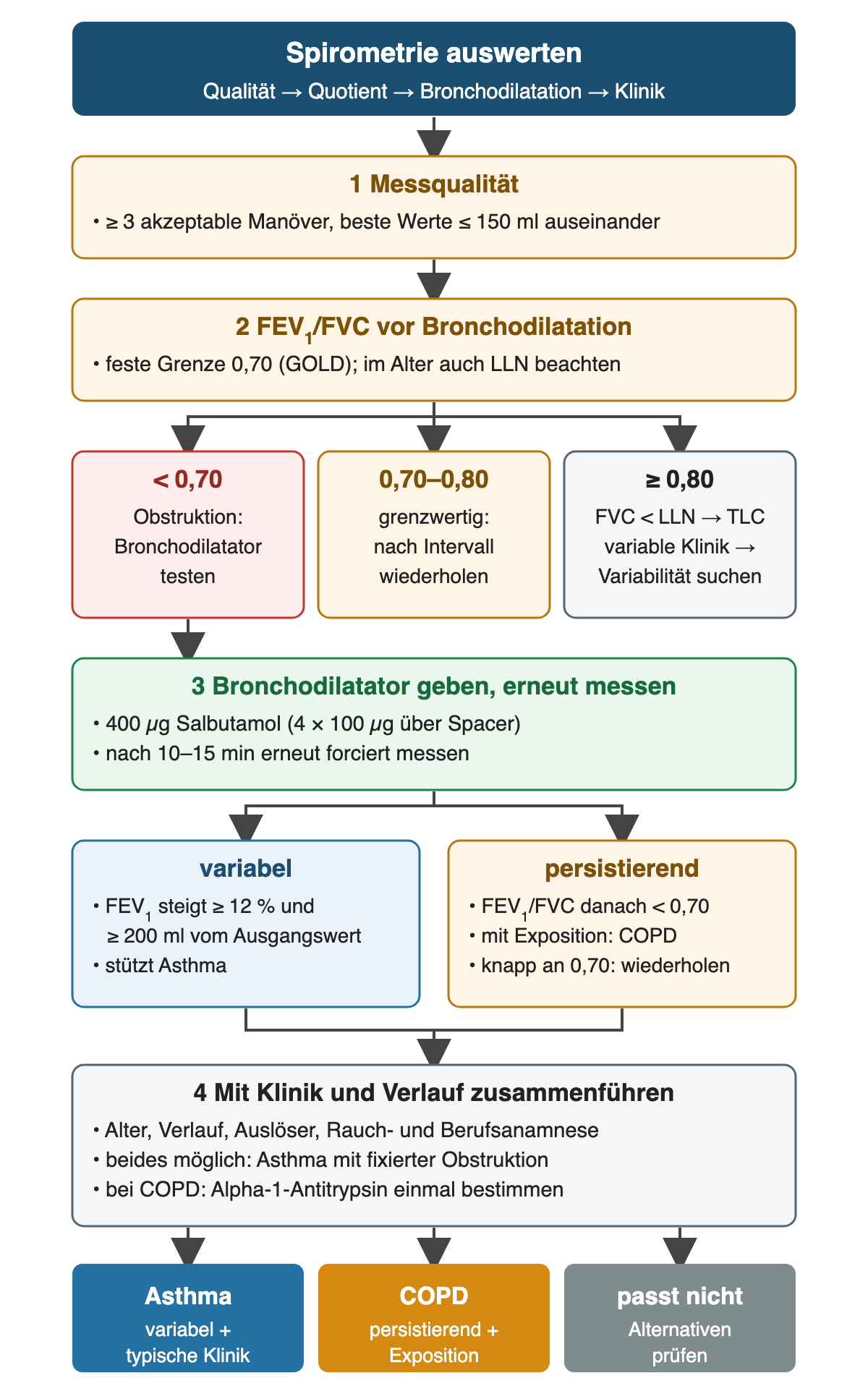 Ablauf: Messqualität mit mindestens drei akzeptablen Manövern, dann FEV₁/FVC vor Bronchodilatation. Unter 0,70 Obstruktion und Bronchodilatationstest; 0,70 bis 0,80 grenzwertig, nach Intervall wiederholen; ab 0,80 bei niedriger FVC die TLC messen, bei variabler Klinik Variabilität suchen. Bronchodilatationstest mit 400 µg Salbutamol, erneute Messung nach 10 bis 15 Minuten. Variabel heißt FEV₁-Anstieg um mindestens 12 Prozent und 200 ml und stützt Asthma; persistierend heißt FEV₁/FVC danach unter 0,70 und passt mit Exposition zu COPD. Zum Schluss mit Klinik und Verlauf zusammenführen; Ergebnis Asthma, COPD oder Alternativen prüfen.