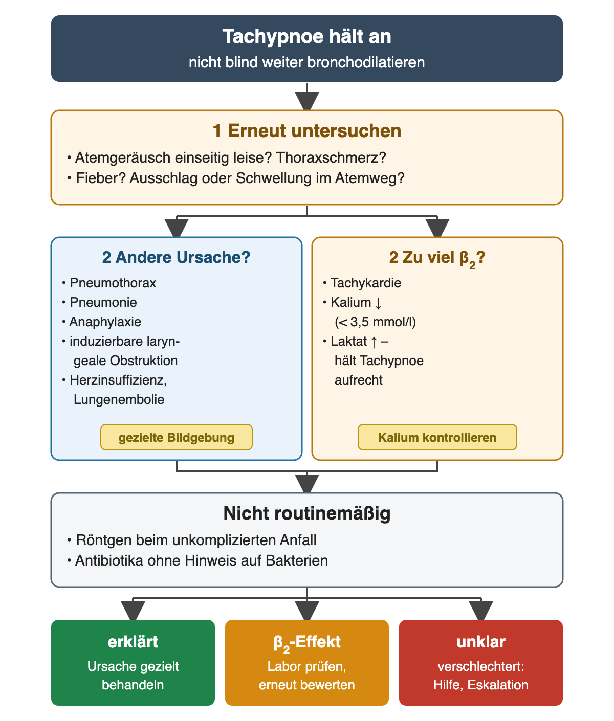 Anhaltende Tachypnoe: 1 erneut untersuchen; 2 nebeneinander andere Ursache wie Pneumothorax, Pneumonie, Anaphylaxie, induzierbare laryngeale Obstruktion, Herzinsuffizienz oder Lungenembolie mit gezielter Bildgebung, oder Wirkung hoher Beta-2-Dosen mit Tachykardie, Kalium unter 3,5 mmol/l und Laktatanstieg. Nicht routinemäßig: Röntgen beim unkomplizierten Anfall und Antibiotika. Ergebniszeile: erklärt, Beta-2-Effekt, unklar.