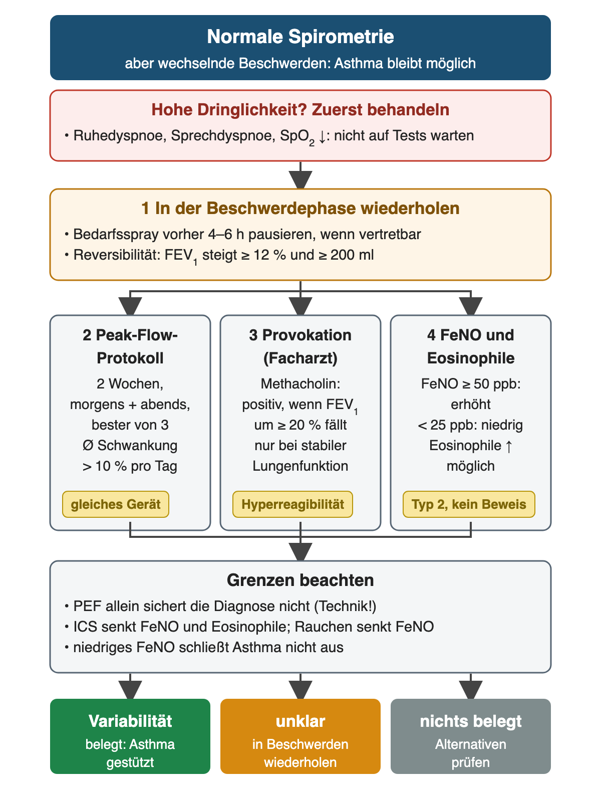 Normale Spirometrie bei wechselnden Beschwerden. Oben rot: bei hoher Dringlichkeit zuerst behandeln. Dann Wiederholung in der Beschwerdephase mit dem Kriterium FEV₁-Anstieg um mindestens 12 Prozent und 200 ml. Drei Wege nebeneinander: Peak-Flow-Protokoll über 2 Wochen morgens und abends mit mittlerer Tagesschwankung über 10 Prozent; fachärztliche Methacholin-Provokation, positiv bei FEV₁-Abfall um mindestens 20 Prozent; FeNO ab 50 ppb erhöht, unter 25 ppb niedrig, Eosinophile als Typ-2-Hinweis ohne Beweiskraft. Grenzen: PEF allein sichert nicht, ICS und Rauchen senken die Marker. Ergebnis: Variabilität belegt, unklar oder nichts belegt.