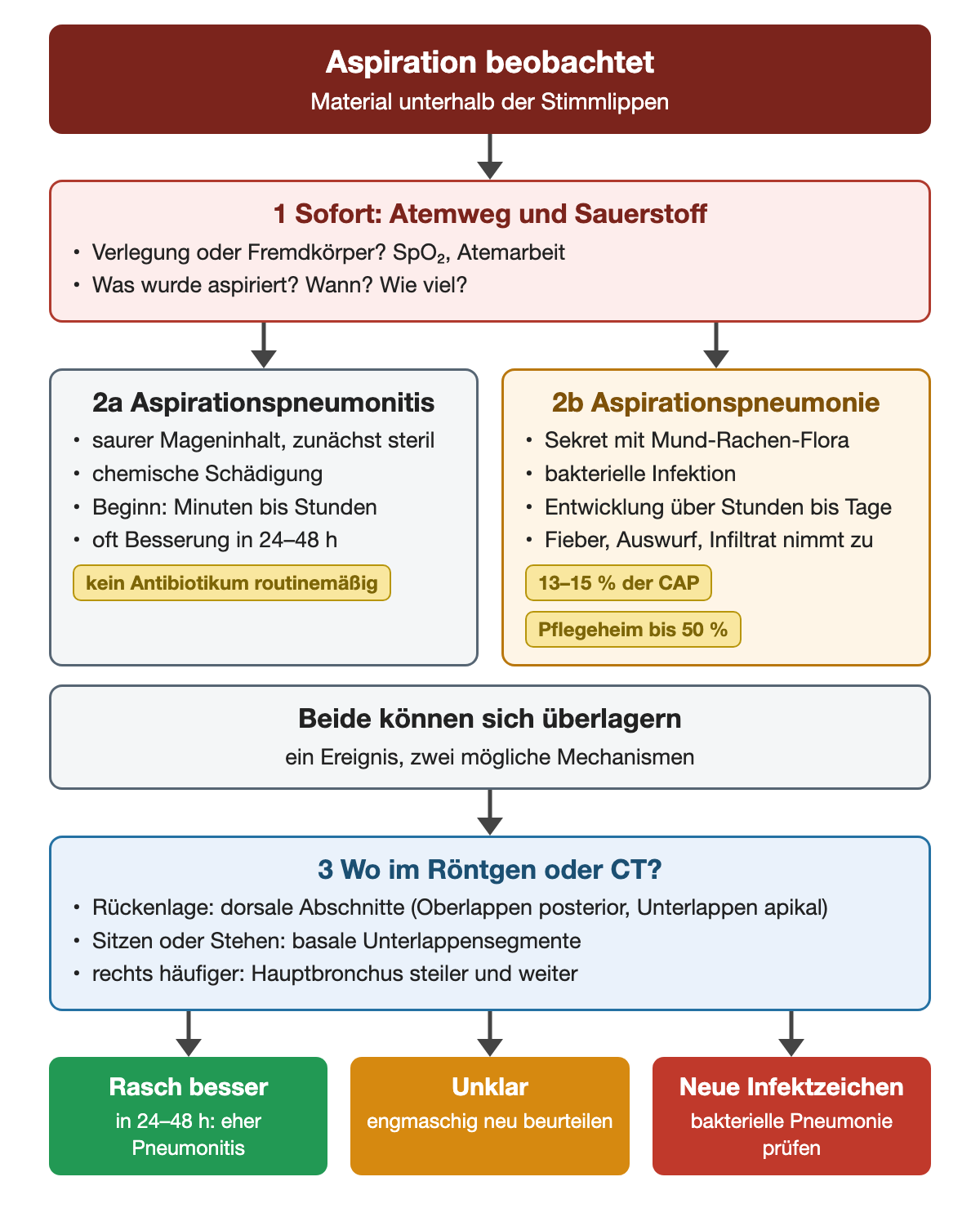 Nach beobachteter Aspiration werden zuerst Atemweg und Sauerstoff gesichert. Aspirationspneumonitis durch sauren Mageninhalt beginnt in Minuten bis Stunden und bessert sich oft in 24 bis 48 Stunden; die bakterielle Aspirationspneumonie entwickelt sich über Stunden bis Tage. Beide können sich überlagern. In Rückenlage sind dorsale, im Sitzen basale Segmente betroffen, rechts häufiger.