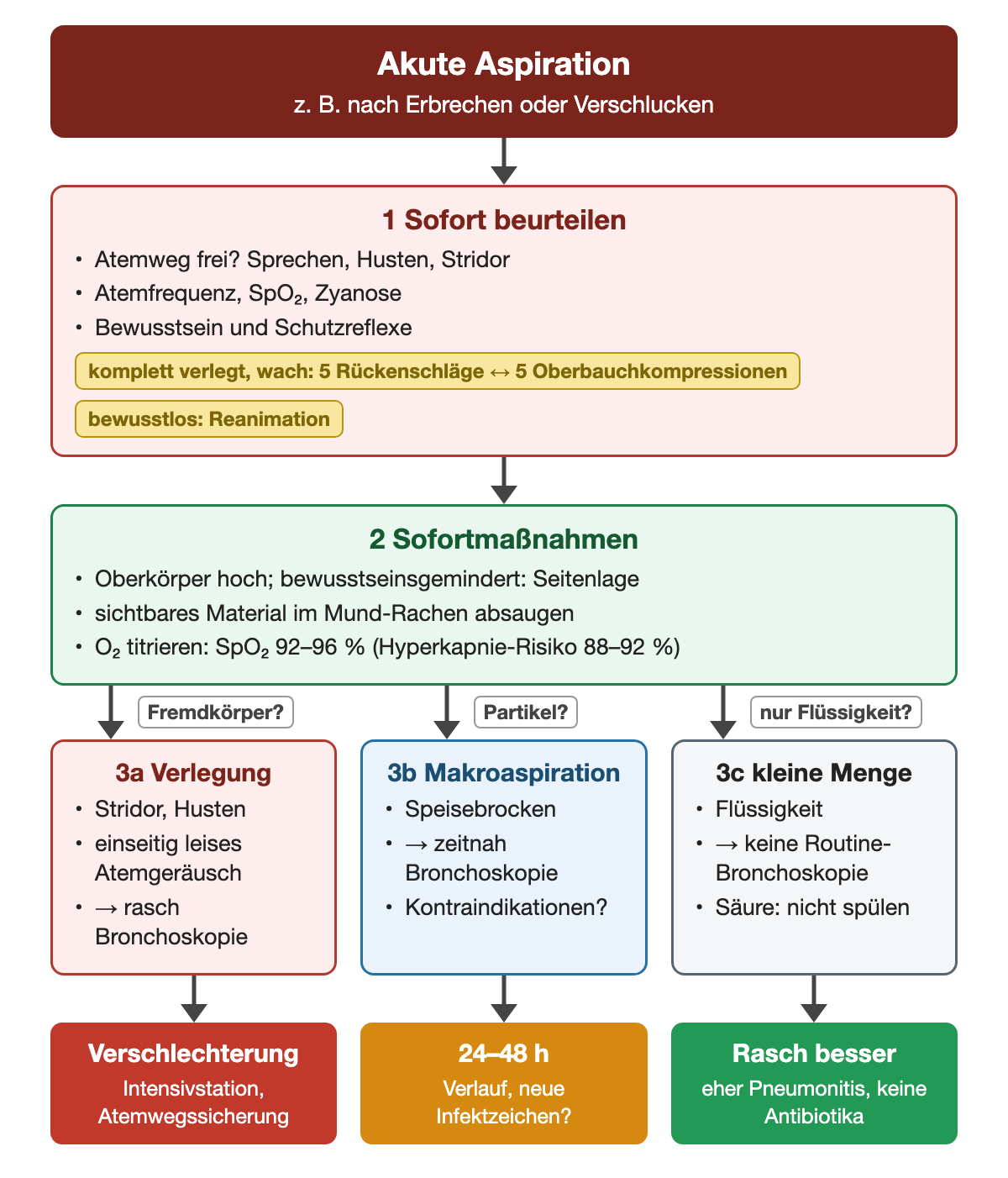 Ablaufdiagramm zur akuten Aspiration: zuerst Atemweg, Atemfrequenz, SpO₂ und Bewusstsein beurteilen; bei kompletter Verlegung eines wachen Patienten 5 Rückenschläge im Wechsel mit 5 Oberbauchkompressionen, bei Bewusstlosigkeit Reanimation. Sofortmaßnahmen: Oberkörper hoch oder Seitenlage, sichtbares Material absaugen, Sauerstoff auf SpO₂ 92–96 % titrieren. Danach drei Wege: Verlegung mit rascher Bronchoskopie, Makroaspiration von Speisebrocken mit zeitnaher Bronchoskopie, kleine Flüssigkeitsmenge ohne Routine-Bronchoskopie und ohne Spülung nach Säure.
