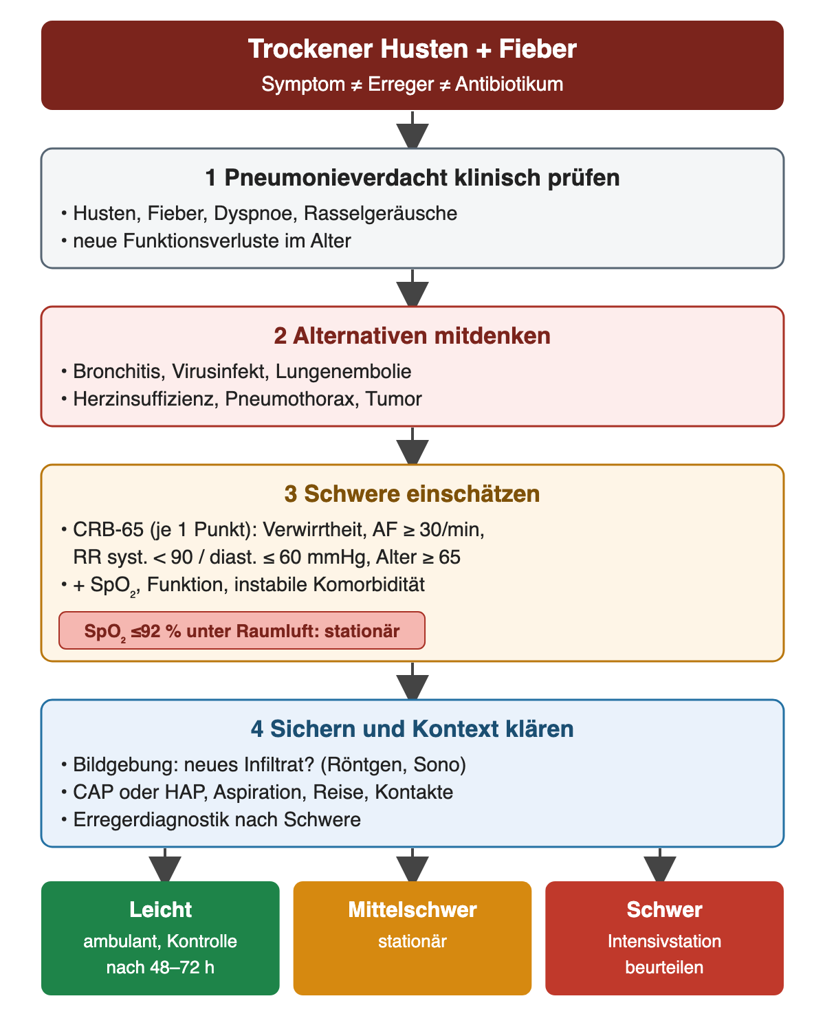 Bei trockenem Husten und Fieber folgen vier Denkstufen: Pneumonieverdacht klinisch prüfen, Alternativen wie Bronchitis, Virusinfekt, Lungenembolie, Herzinsuffizienz, Pneumothorax und Tumor mitdenken, Schwere mit CRB-65 sowie SpO₂, Funktionsstatus und instabiler Komorbidität einschätzen und schließlich mit Bildgebung sichern und den Kontext klären. Erst danach folgen leichte ambulante Behandlung mit Kontrolle nach 48 bis 72 Stunden, stationäre Behandlung oder Beurteilung für die Intensivstation.